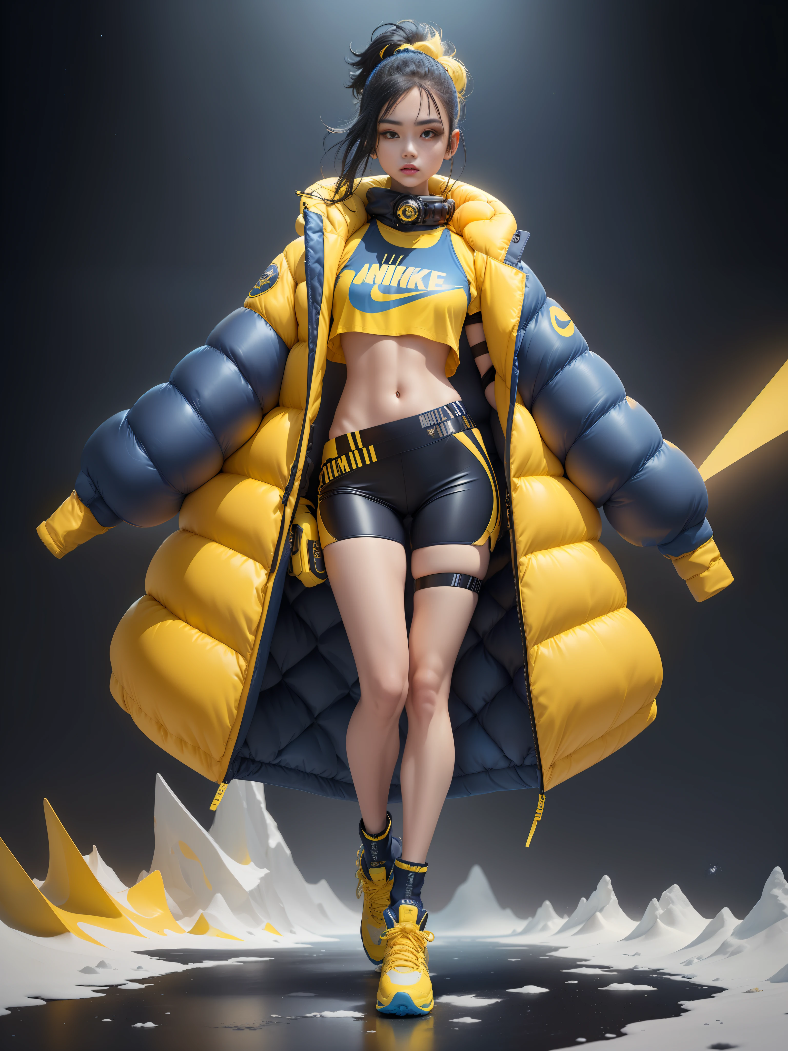 A stylish one-man design space background of winter down jacket full of bubbles and fluffy feeling Cyberpunk ((yellow sea blue: 1.3) + (fashion: 1.1) + (trendy: 1.2)), (nike logo), (corona rendering), ((space winter down jacket concept + concept art design): 1.3), (8K: 1.3), (2:3 aspect ratio + warm color Q2), (750 pixels), ((fashion elements) :( 1.1+ Yellow navy blue T-shirt blends with fashion elements)), (Dynamics: 5)