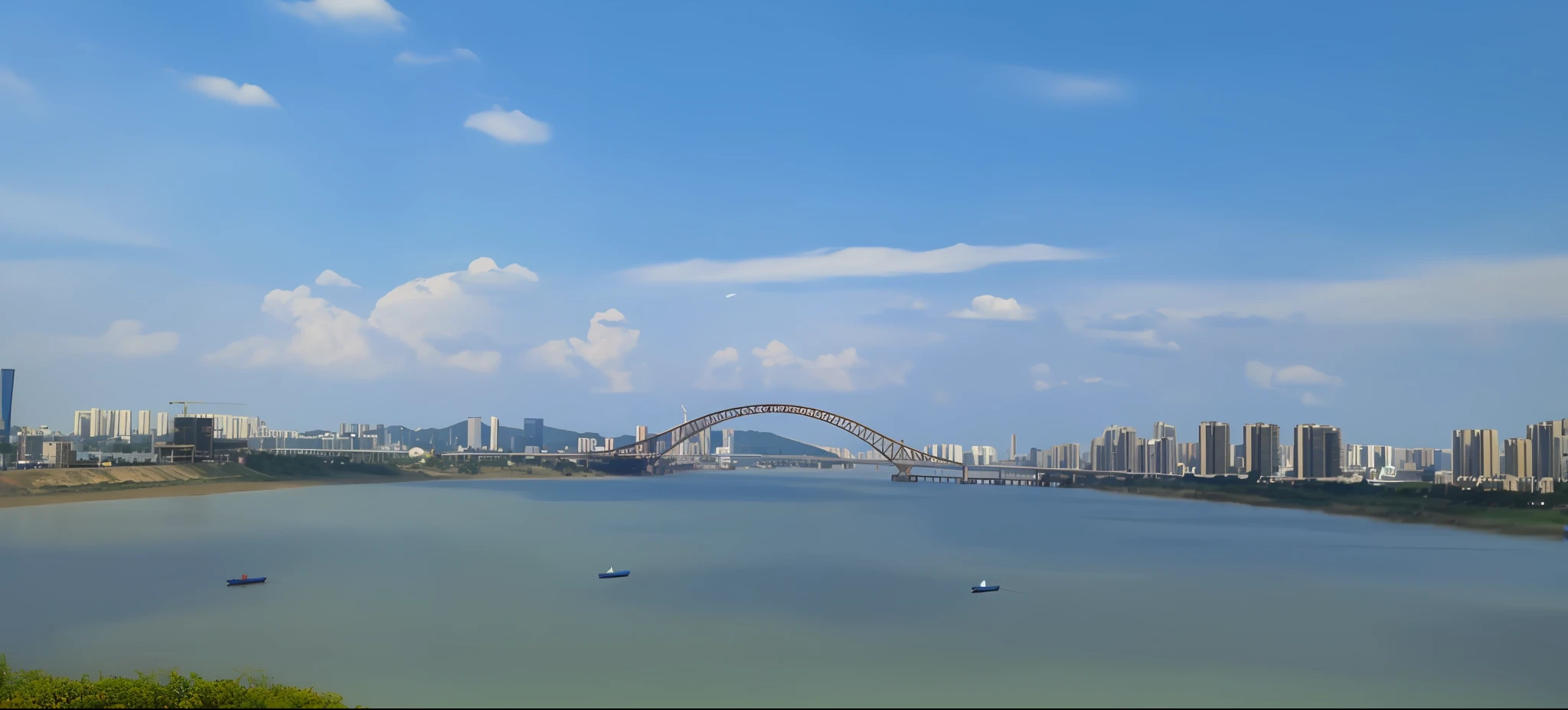 there are many boats in the water near a bridge, tall bridge with city on top, the sea seen behind the city, wide river and lake, the photo shows a large, shenzhen, super wide view of a cityscape, beautiful sunny day, panorama, city panorama, surrounding the city, on a sunny day, the photo was taken from afar, view from a distance