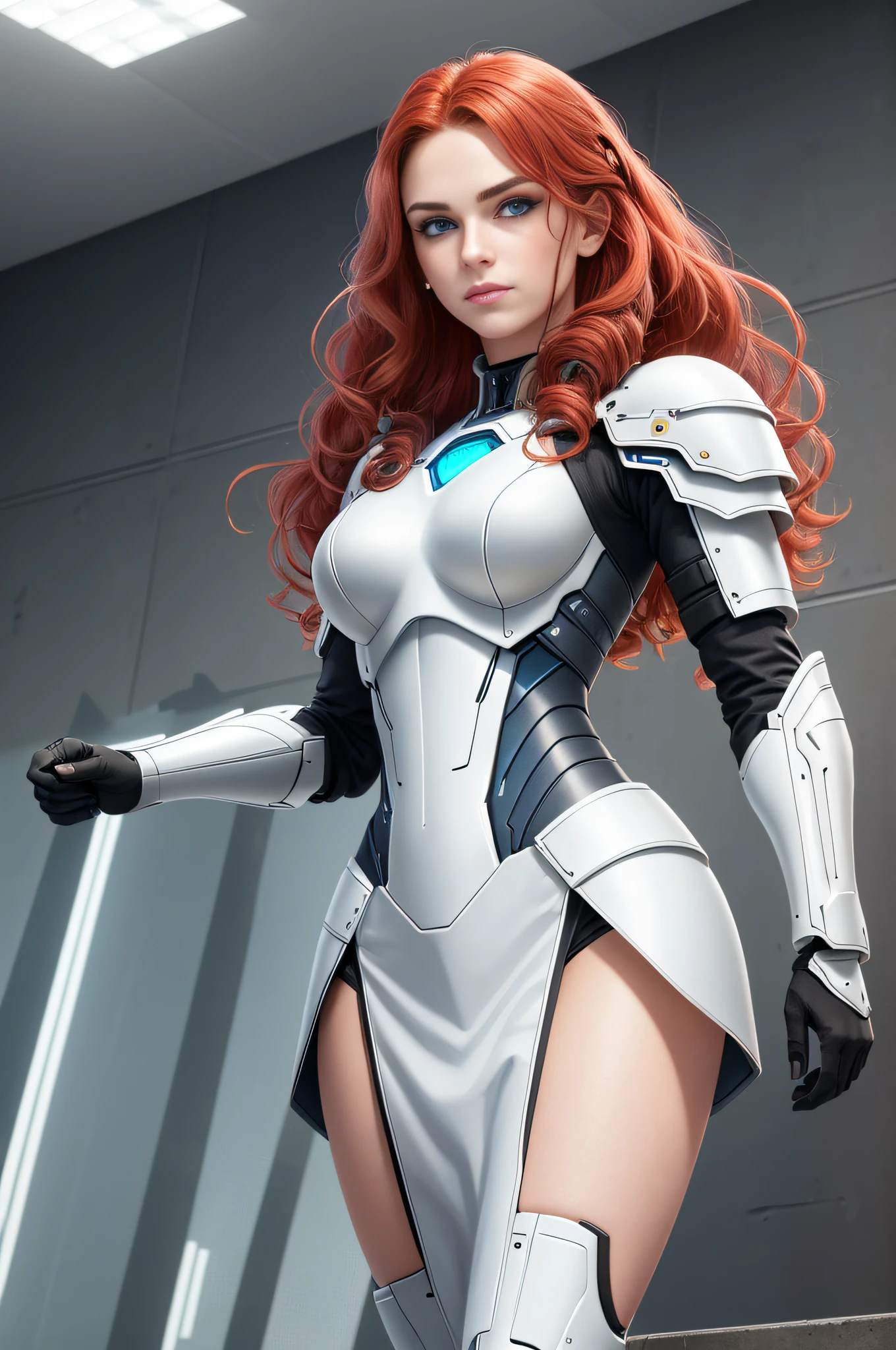 A Valkyrie, (long crimson hair, big waves: 1.5), (melon face: 1.3), (royal sister: 1.3), 8K, best picture quality, masterpiece, (ultra-high resolution: 1.2), (white techno knight armor: 1.2), (hand details: 1.2), (high definition: 1.2), (blue eyes: 1.5), (highly detailed photos: 1.2), (Central European beauty: 1.3), (serious expression: 1.2), (young: 1.5), (Realistic Face Detail: 1.5), (Realistic Skin Texture: 1.6), (3D: 1.2), (Cyberpunk: 1.3), (Tech Future City: 1.5), (Photo Photo: 1.5), Realistic Texture, (Small Mouth: 1.5), (Soft Face Contour: 1.2), (Tech Corridor: 1.6), (Floor-to-Ceiling Windows: 1.2)