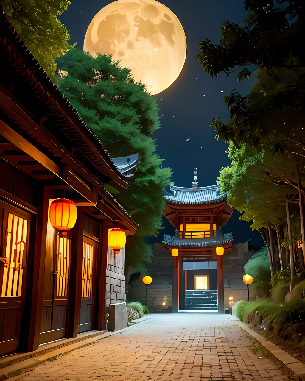 Official Art, Ancient China, Ancient Streets, (Lots of Fireflies), (Night), (Moon), Lights, Beautiful Landscapes, Epic Landscapes, Realistic Lighting, Masterpieces, High Quality, Beautiful Graphics, High Detail, Global Illumination, Unreal Engine Rendering, Octane Rendering, (HDR:1.3)