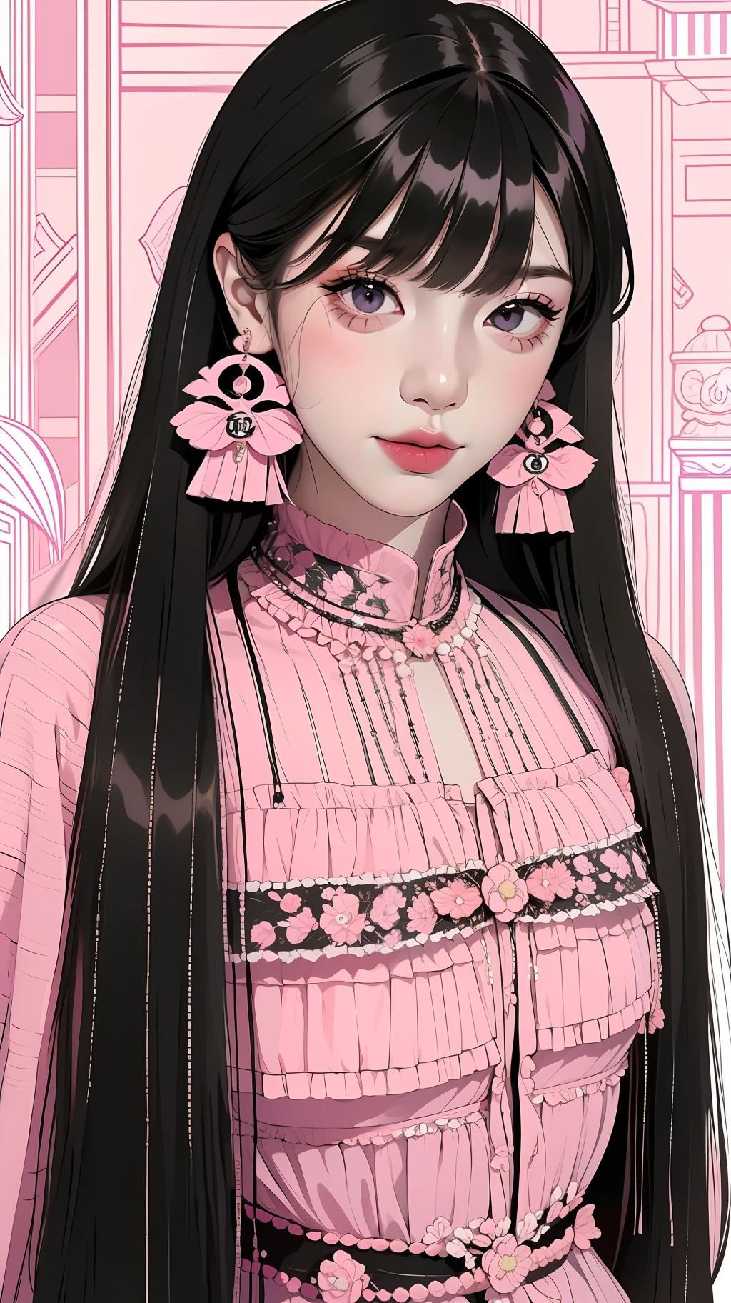 1girl, bangs, (pink and black hair), middle score bangs, closed mouth, smile, eyelashes, eyeshadow, ((nice eyes))(粉色蝴蝶结发饰)，((many tiny ribbons on hair)),(Jennie lips)), pink lips, long hair, straight hair, (half up hair), two small braids between face, looking at viewer, pretty face, pink makeup, ((black highlights hair))), portrait, black eyes, (black singlet), (jeans singlet), 黑色牛仔背心，cool outfit,((blackpink style outfit)),(Chanel necklace)), ((Chanel earrings)), 废虚是，high quality background, solo, (),(masterpiece1.4),(best quality:1.4),realistic,fashi-girl, cool girl