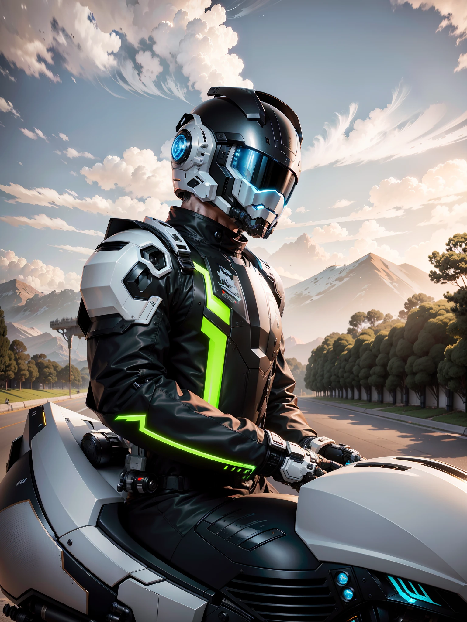White mech clothes and pants, white hair, Cyber Male Warrior and Cyber Mechanical Motorcycle, Exquisite high-tech armor all over, Exquisite black tech helmet, Nousr, Biomechanics, MSHN Robot Man, high-tech helmet, surreal, steel, intricate design, crazy details, fine details, extremely clear lines, cinematic lighting, photo realisticity, detailed masterpiece