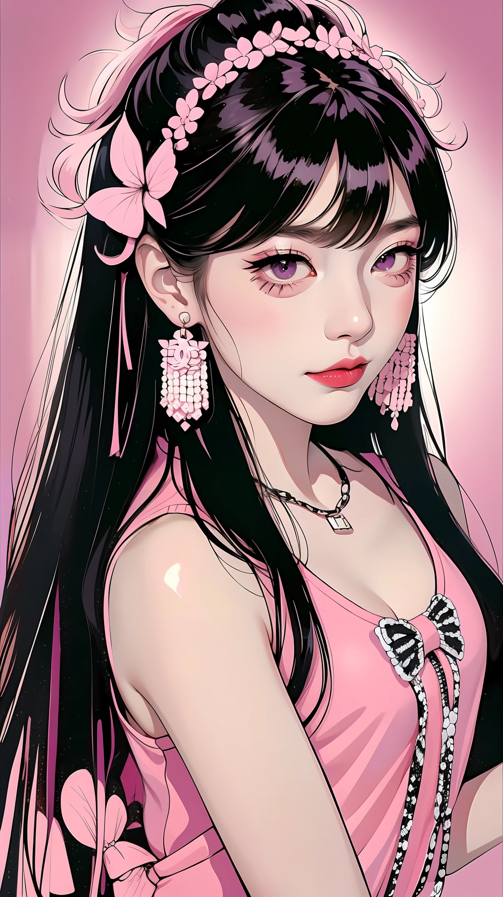 1girl, bangs, (pink and black hair), middle score bangs, closed mouth, smile, eyelashes, eyeshadow, ((nice eyes))(粉色蝴蝶结发饰)，((many tiny ribbons on hair)),(Jennie lips)), pink lips, long hair, straight hair, (half up hair), two small braids between face, looking at viewer, pretty face, pink makeup, ((black highlights hair))), portrait, black eyes, (black singlet), (jeans singlet), 黑色牛仔背心，cool outfit,((blackpink style outfit)),(Chanel necklace)), ((Chanel earrings)), 废虚是，high quality background, solo, (),(masterpiece1.4),(best quality:1.4),realistic,fashi-girl, cool girl