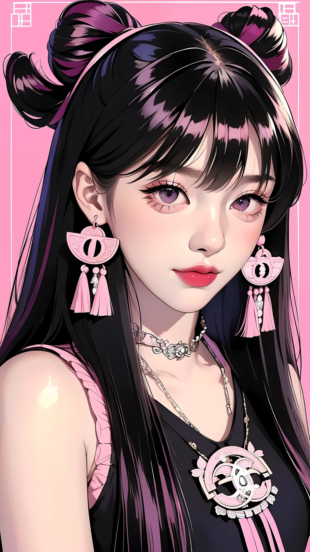 1girl, bangs, (pink and black hair), middle score bangs, closed mouth, smile, eyelashes, eyeshadow, ((nice eyes))(粉色蝴蝶结发饰)，((many tiny ribbons on hair)),(Jennie lips)), pink lips, long hair, straight hair, (half up hair), two small braids between face, looking at viewer, pretty face, pink makeup, ((black highlights hair))), portrait, black eyes, (black singlet), (jeans singlet), 黑色牛仔背心，cool outfit,((blackpink style outfit)),(Chanel necklace)), ((Chanel earrings)), 废虚是，high quality background, solo, (),(masterpiece1.4),(best quality:1.4),realistic,fashi-girl, cool girl