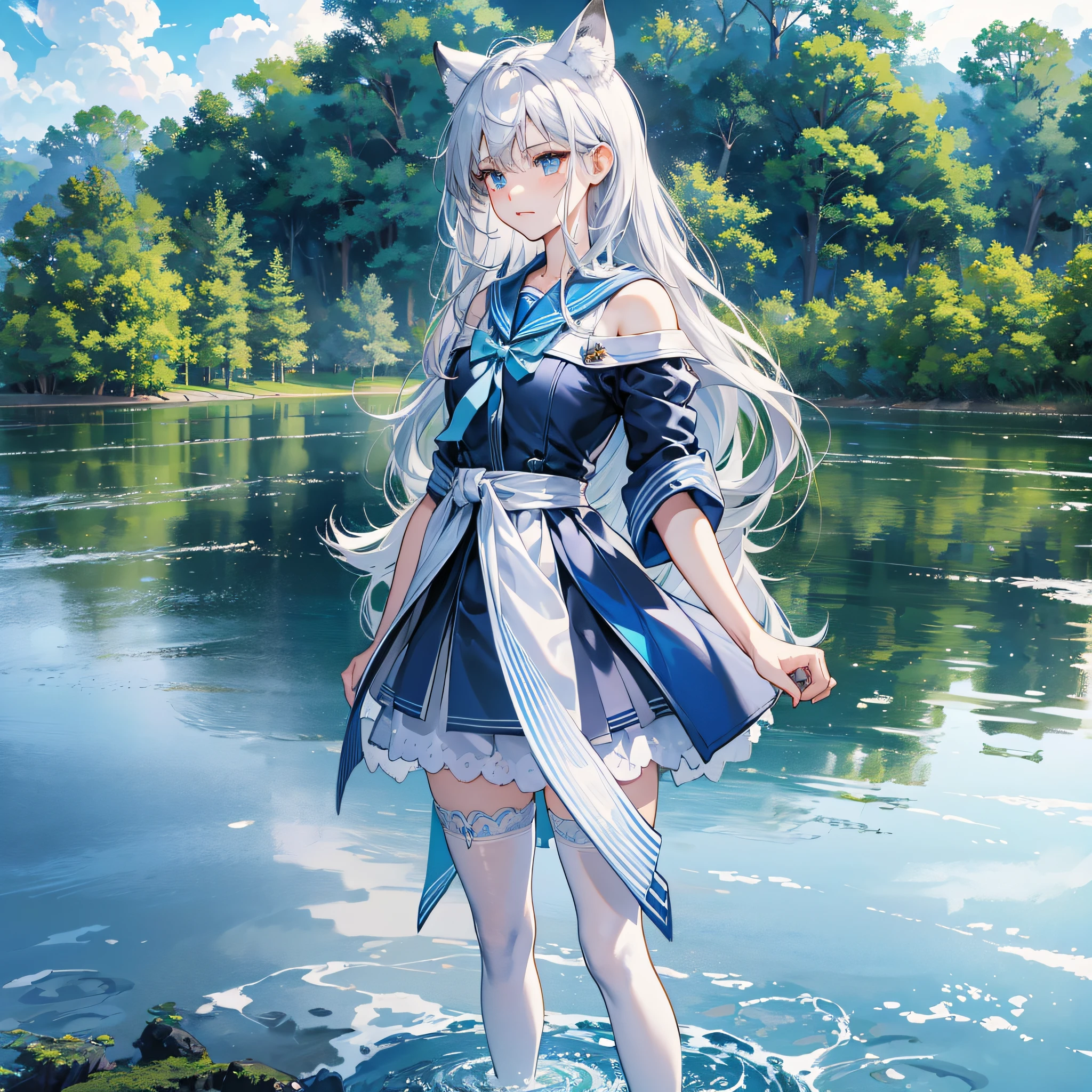 Anime style, flash, ray tracing, close-up, ultra hd, masterpiece, high quality, high detail, textured skin, best quality, 8k, high resolution, simple background. 1 girl, 1 dragon, silver hair, fox ear ornaments, moles under the eyes, watery eyes, angry expression, bare shoulders, light blue sailor suit top, light blue sailor suit short skirt, (light blue lace white over-the-knee stockings: 1.2), small black leather shoes, looking at the camera, (a small blue and white western flying dragon standing on the shoulder: 1.5). Standing on an island in the lake, surrounded by lake water, with a castle in the distance on the left and woods in the distance on the right.