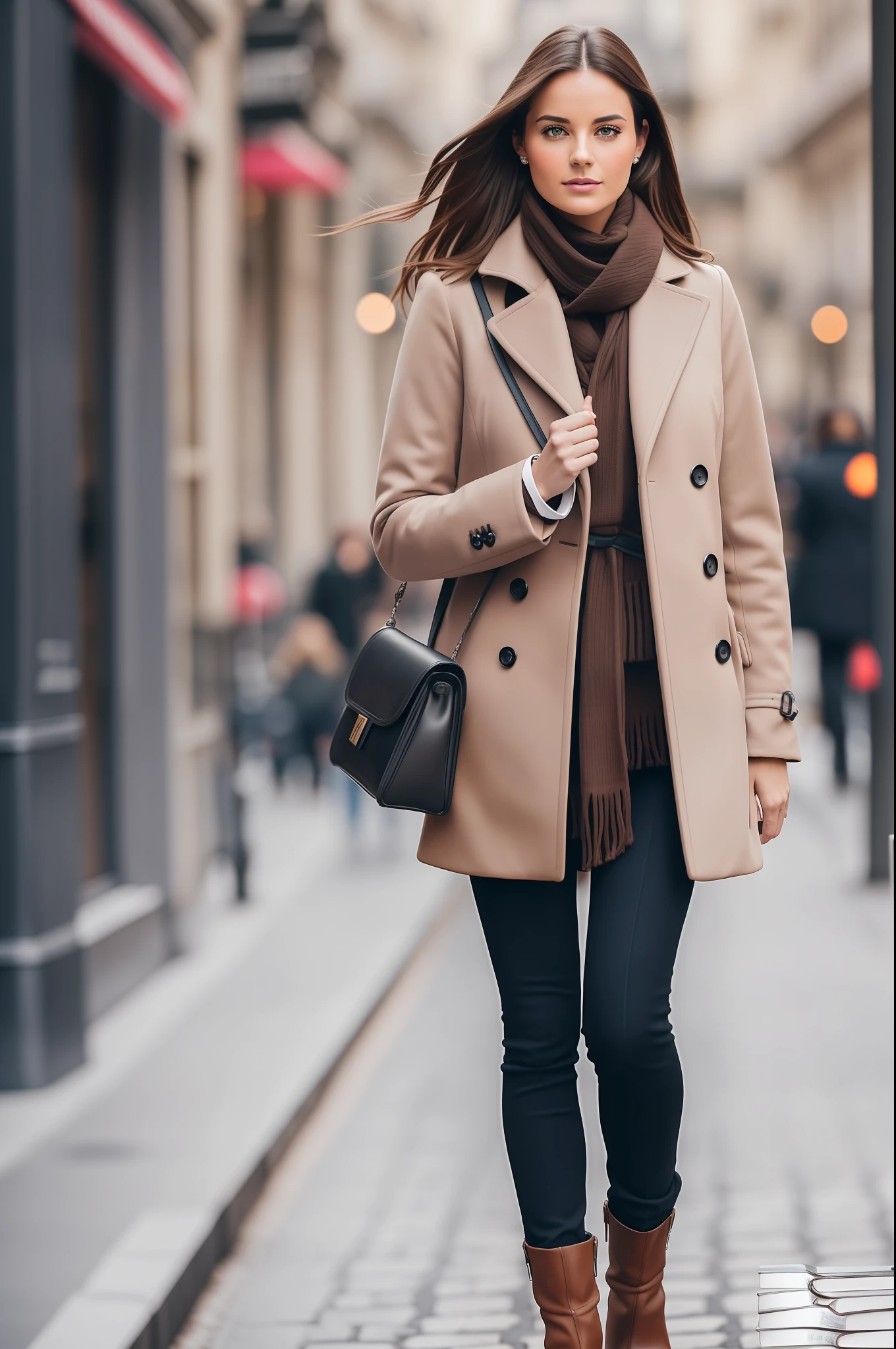 this woman , stylish look, cold day, Full Body, woman with Brown Hair and Brown eyes Walk in the street in high Definition, paris, beautiful woman walking down street and looking at camera, 8k, photos taken by hasselblad + incredibly detailed, sharpness, details + professional lighting, photographic lighting + 50mm, 80mm, 100m + lightroom gallery + behance photography + unsplash --ar 2:3 --auto --s2