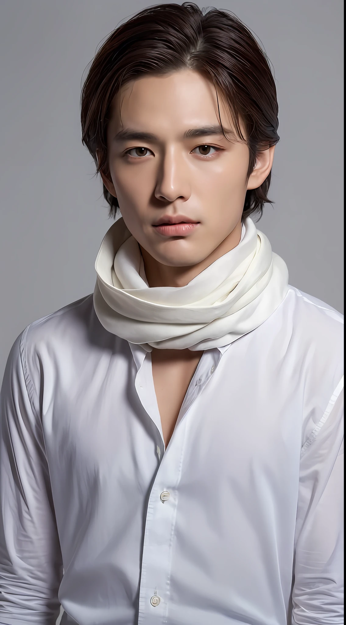 ((Best quality, 8k, Masterpiece :1.3)), Sharp focus :1.2, A cool guy with perfect figure :1.4, Slender abs :1.2, ((Dark brown hair:1.2)), (black long formal shirt)(buttoning up his shirt.), grey background:1.2, Highly detailed face and skin texture, Detailed eyes, Double eyelid,fashion model posing,cowboy shot,white pants,,(wears a white scarf around his neck.)