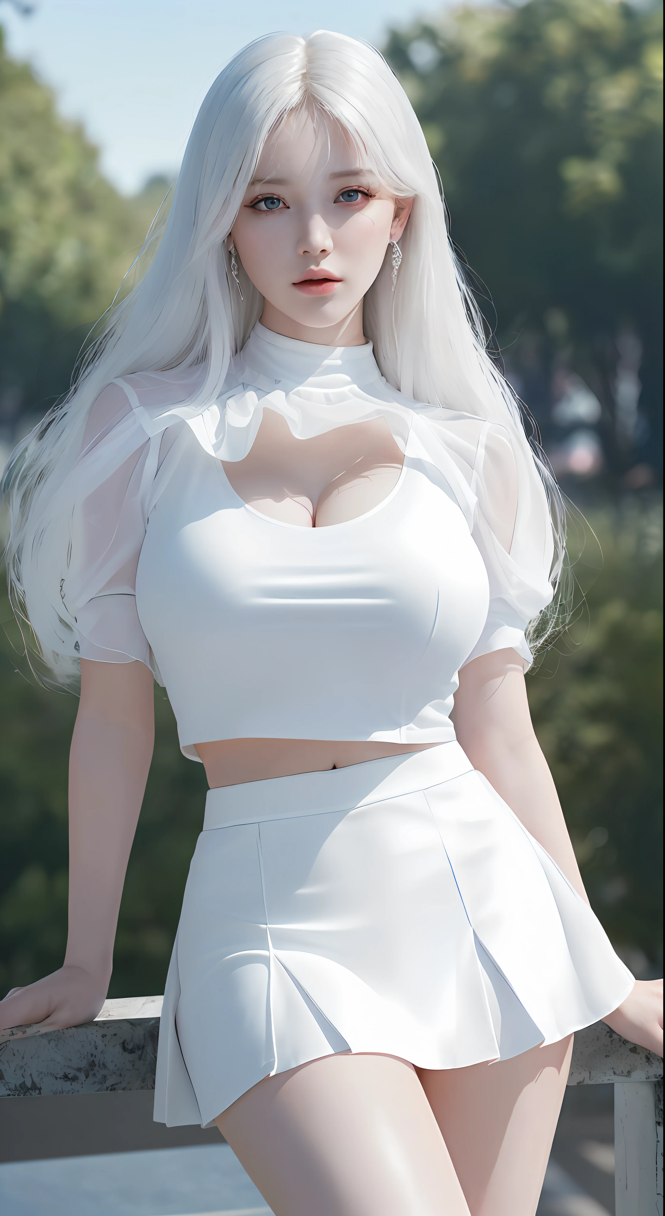 ultra high portrait of full body beautiful albino young woman , (Best quality, 8k, 32k, ultra highMasterpiece, UHD:1.2), 1girl, (huge breasts:1.2), ultra high perfect body), (super white transparent short shirt :1.2), ultra high detailed face, ultra high detailed lips, ultra high detailed eyes, double eyelid, (ultra high realistic:1.3), ultra high resolution), (ultra high realism photorealistic), (Best Quality), (ultra high realistic), (ultra-high-photo-realistic:1.37), (ultra high whitened skin), (ultra high perfect beautiful) (medium hair),(ultra high detailed thigh), visible thigh , visible stomach, (1 woman), super white transparent short skirt, visible bust breast, up skirt, model pose