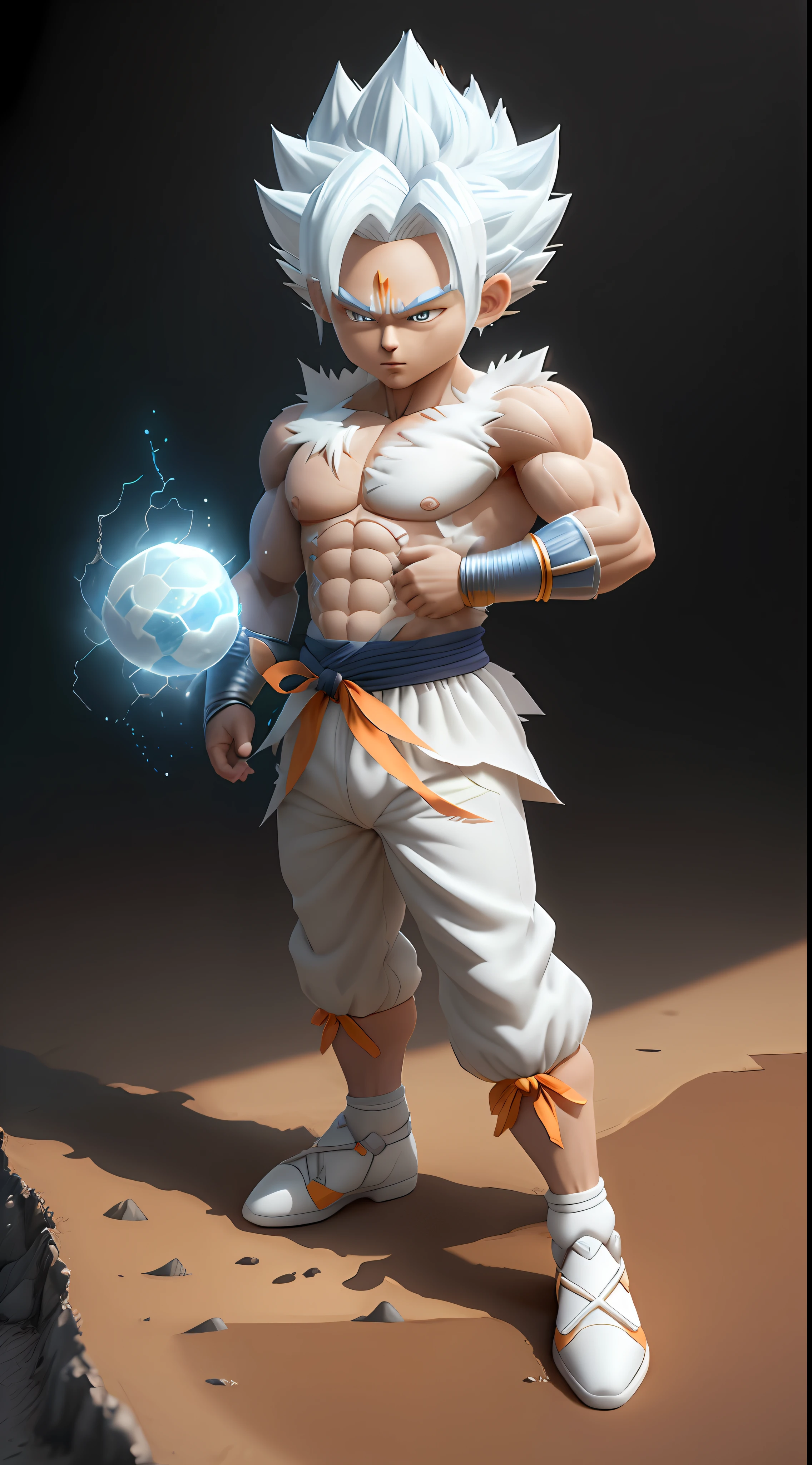 Goku, super saiyan, exquisite hair, arm depiction, white and blue hair body, exquisite shoes, eye depiction, exquisite hair, popmart blind box, clay texture, stepping on the land, black and white background, natural lighting, most good quality, super detail, 3D art, c4d, OC renderer, 3D rendering, 8k