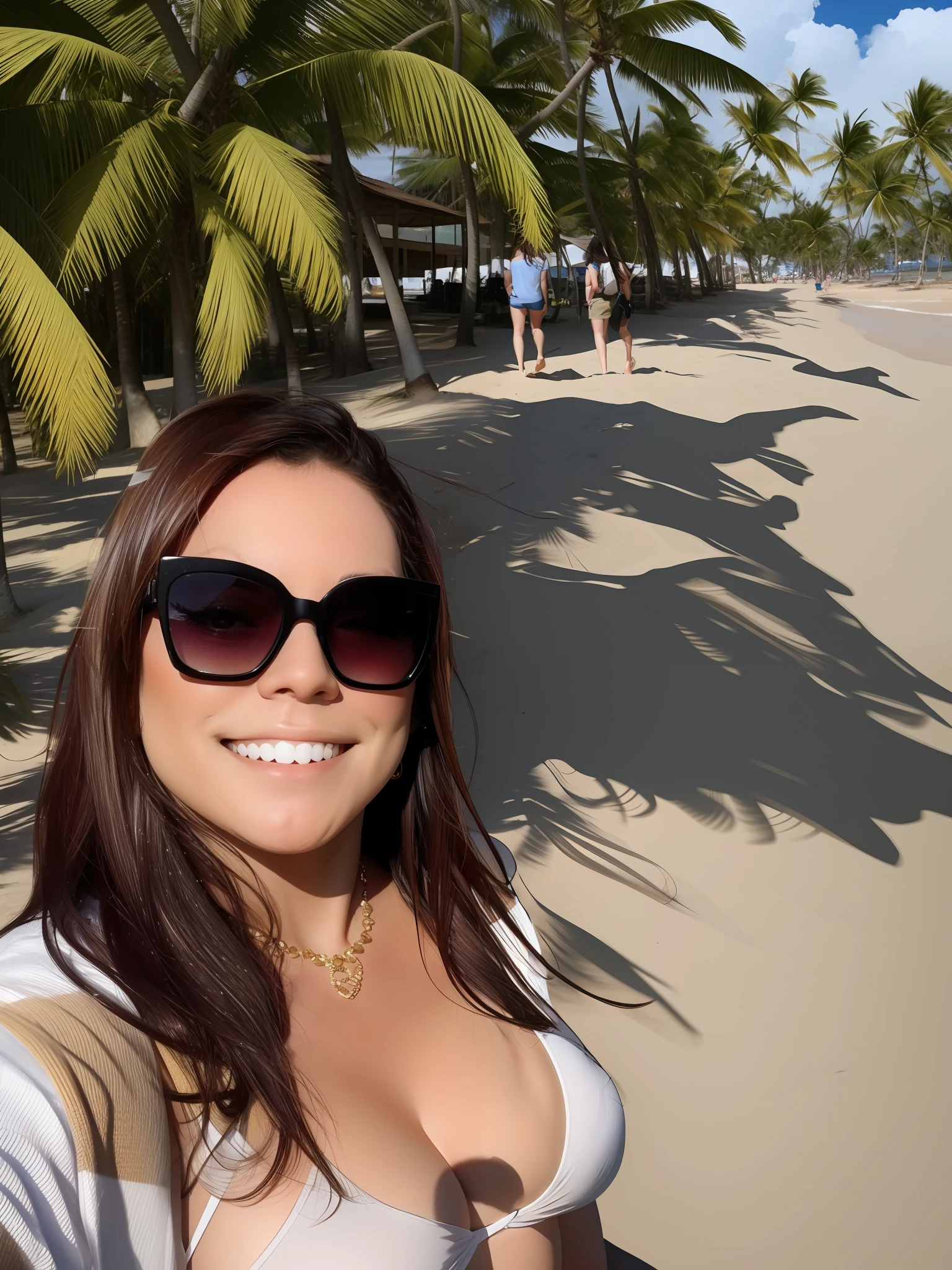 sidewalk style beach walkway with a little realistic beach sand in the background a beautiful beach with some realistic coconut trees ((hd)) with distant people Brazilian style, 32k image, perfect light