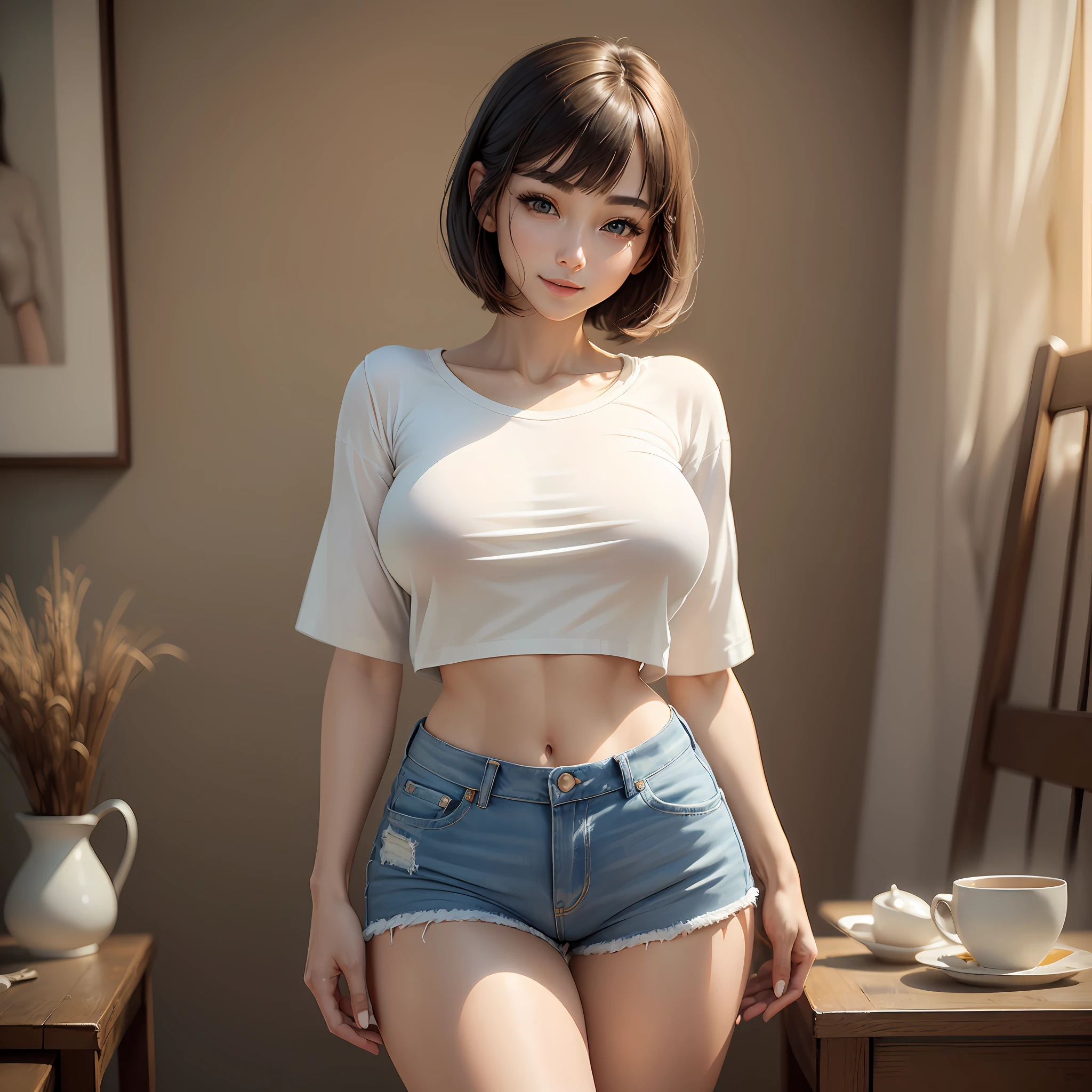 Masterpiece, top quality, ((((Realistic, Photorealistic: 1.37))), 8K, very delicate and beautiful, wonderful, official art with attention to detail, ridiculous, incredibly ridiculous, huge file size, super detailed, very detailed, (beautiful detailed girl), very detailed eyes and face, beautiful detailed eyes, light on the face, nsfw, (one girl), look at the viewer, ( Perfect female figure), slim waist (Korean beauty), full body, big breasts, standing, abdomen, Idol, white t-shirt, denim shorts, summer, vacation, feminine look, short hair, with bangs, smile --auto --s2