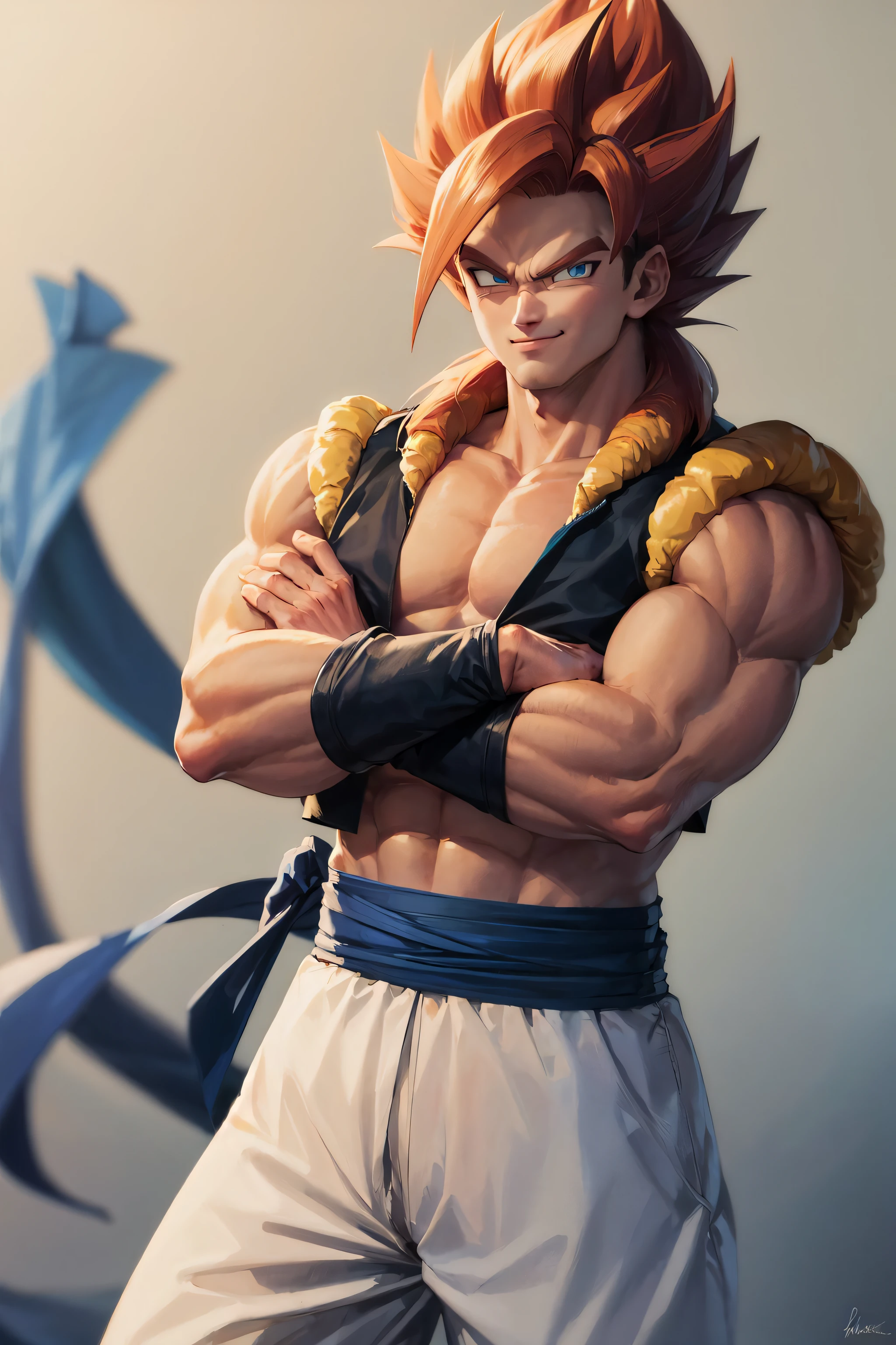 (masterpiece, best quality:1.2), cowboy shot, solo, male focus, 1boy, gogeta, muscular male, smirk, looking at viewer, crossed arms, red hair, blue eyes, vest, blue sash, white pants, wristband, tail, pectorals