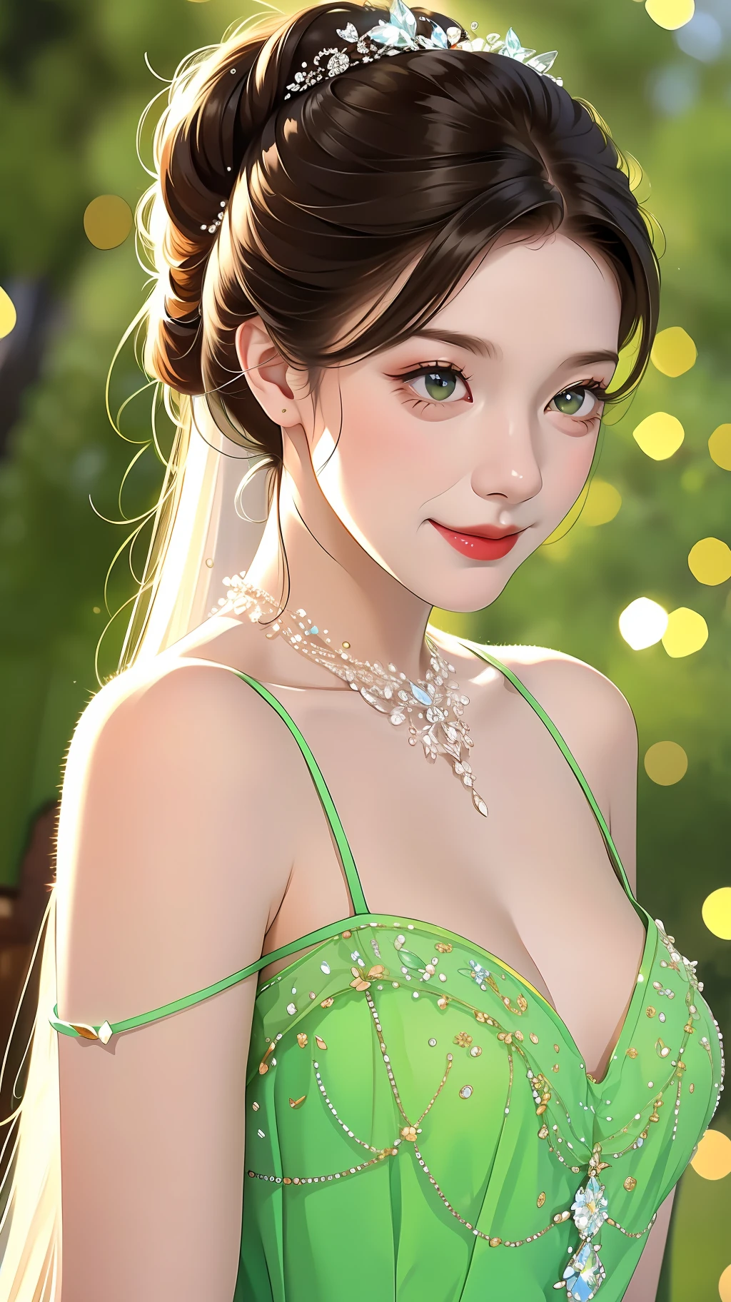 Real, realistic, 1 girl, morning, movie lights, looking at the audience, interior, smiling, green delicate dress shining crystal, crystal necklace, double ponytail, long brown hair fluttering