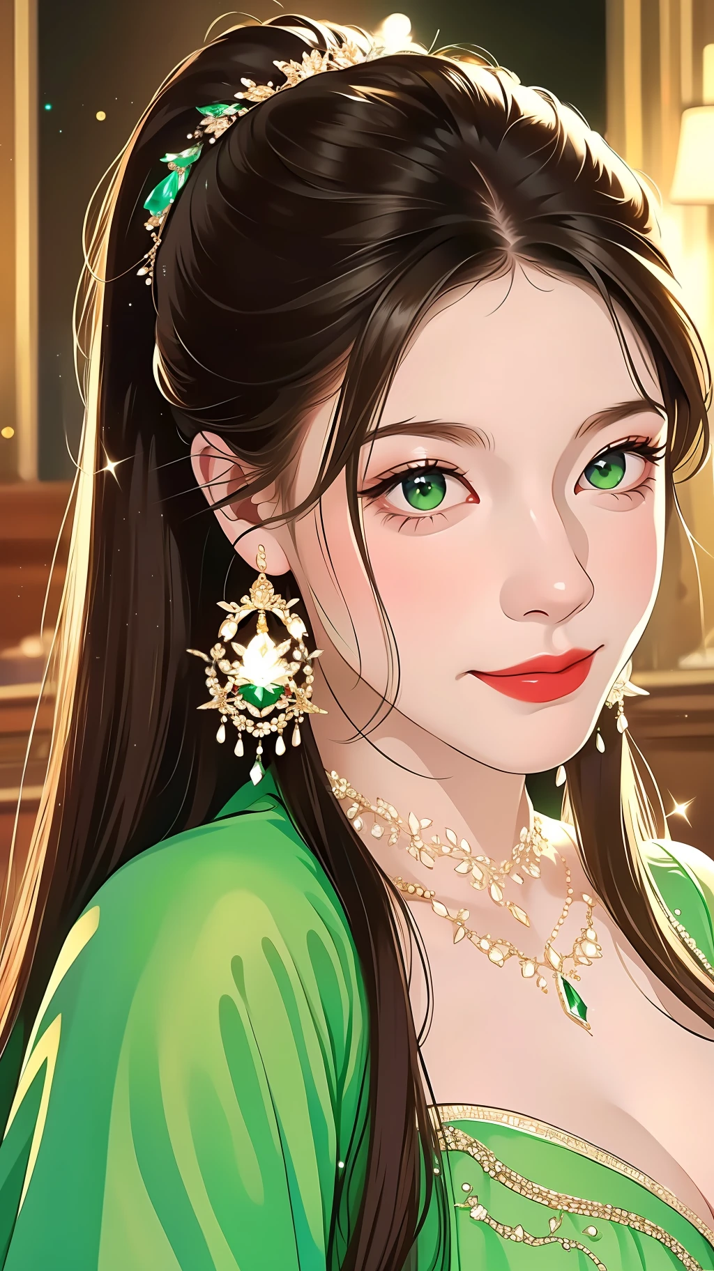 Real, realistic, 1 girl, morning, movie lights, looking at the audience, interior, smiling, green delicate dress shining crystal, crystal necklace, double ponytail, long brown hair fluttering