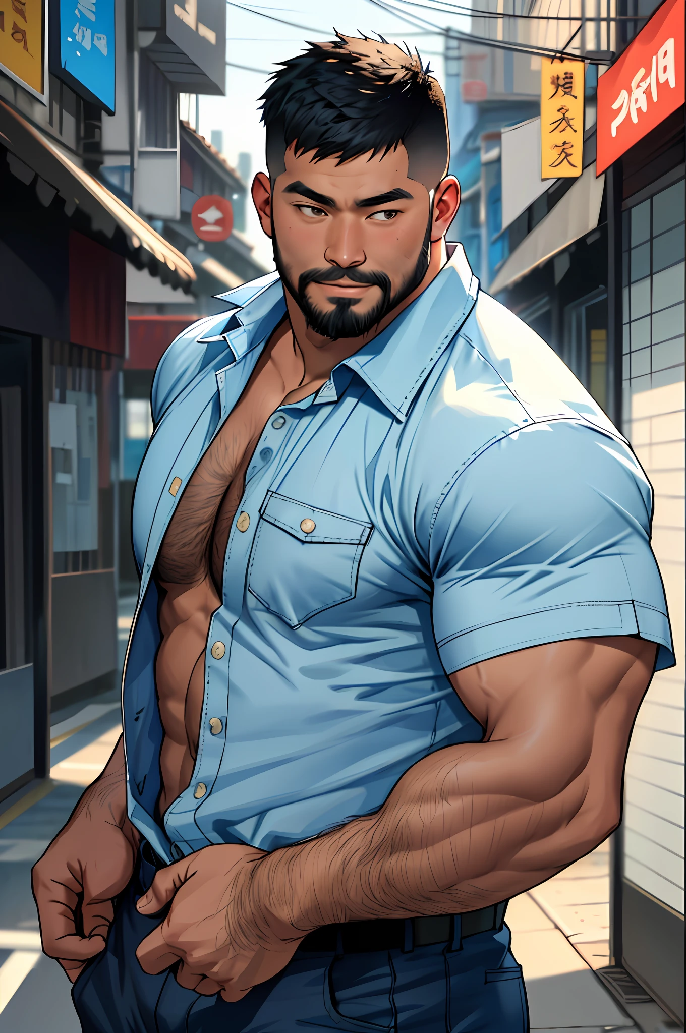 asian man, jarhead, best quality, masterpiece, super high resolution, detailed background, realistic, illustration, lens, solo, 1boy, muscle man, beard, police uniform, open shirt,, ragged pants, street, muscle, facial hair, volumetric lighting, depth of field