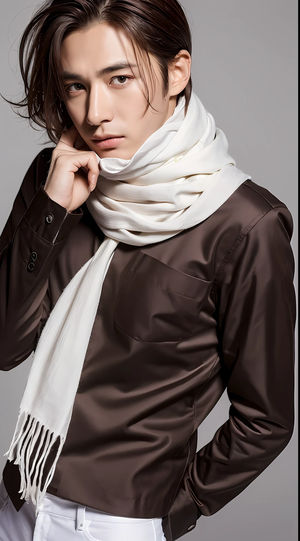 ((Best quality, 8k, Masterpiece :1.3)), Sharp focus :1.2, A cool guy with perfect figure :1.4, Slender abs :1.2, ((Dark brown hair:1.2)), (black long formal shirt)(buttoning up his shirt.), grey background:1.2, Highly detailed face and skin texture, Detailed eyes, Double eyelid,fashion model posing,cowboy shot,white pants,,(wears a white scarf around his neck.)