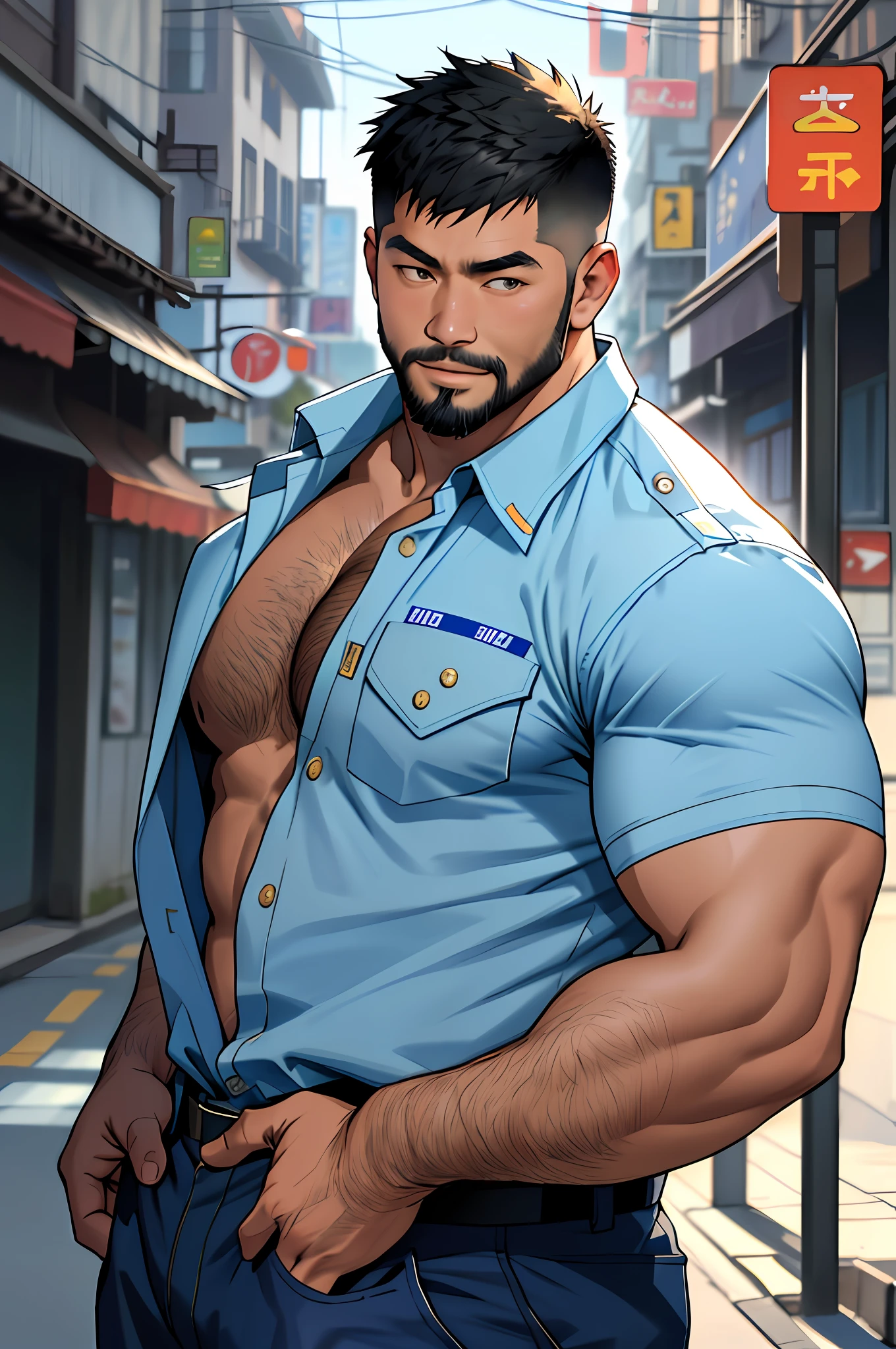 asian man, jarhead, best quality, masterpiece, super high resolution, detailed background, realistic, illustration, lens, solo, 1boy, muscle man, beard, police uniform, open shirt,, ragged pants, street, muscle, facial hair, volumetric lighting, depth of field