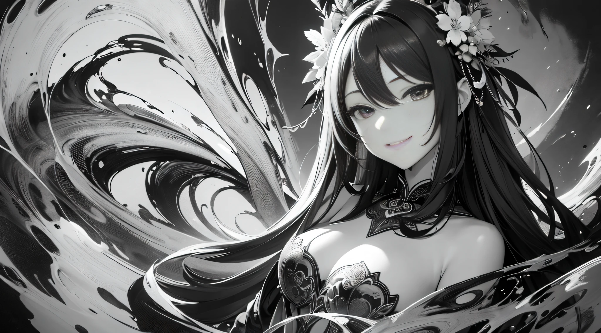 Masterpiece, best quality,young beautiful girl, ultra detailed, official art,unity 8k wallpaper,
Smirk,红色和蓝色,
sumi-e style,
(expressive brush strokes):1.2,
ink wash, gradation, monochromatic,
poetic atmosphere, delicate balance,
fluid motion