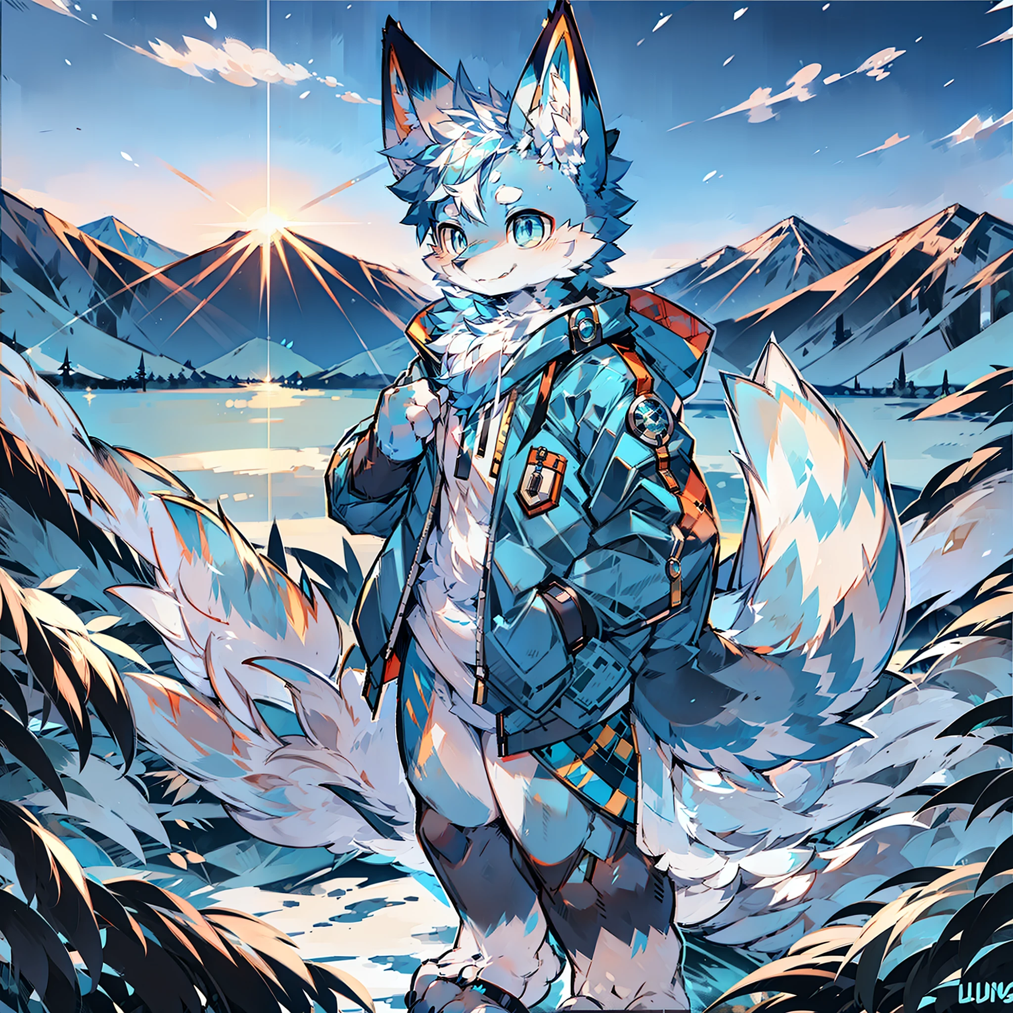 Furry male blue white pattern fox bright pupils big tail standing wearing blue cotton jacket snow mountain sunset