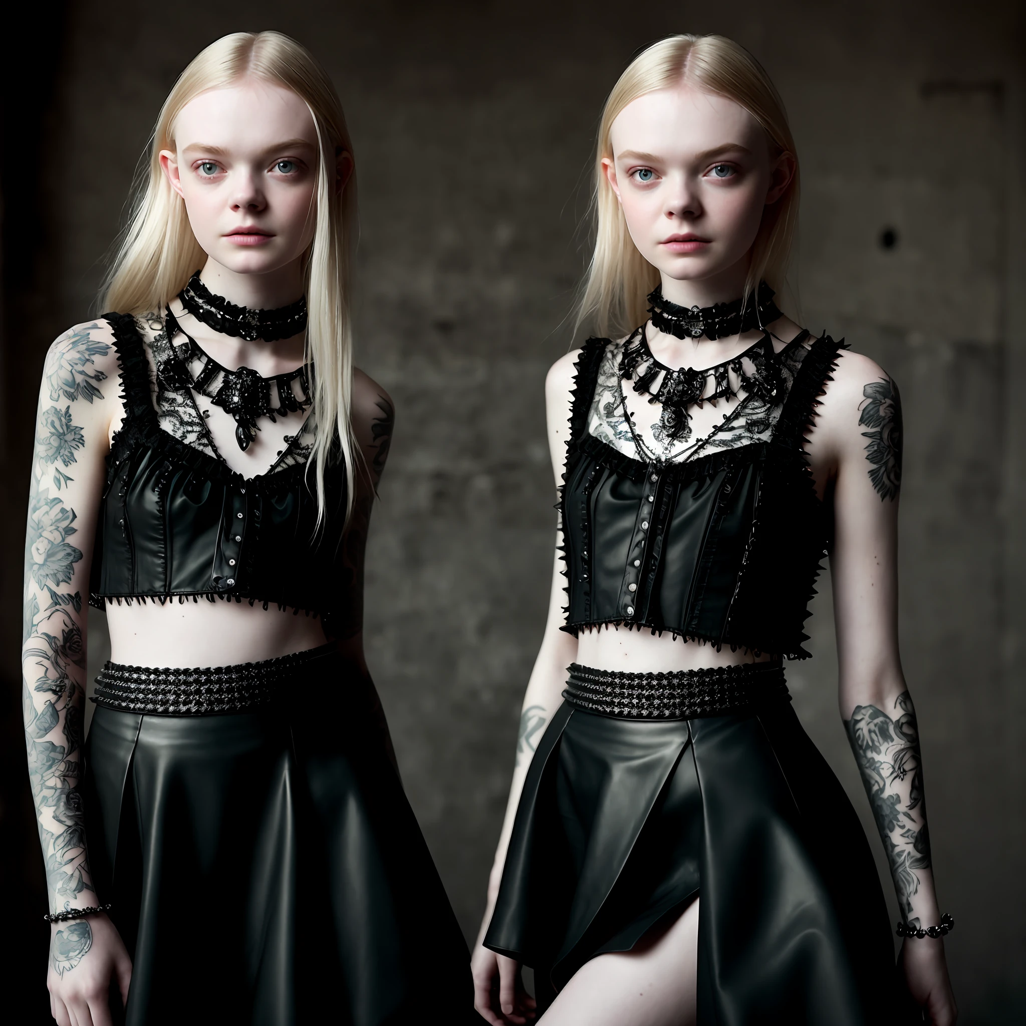 Elle Fanning gothic wearing punk blouse and black skirt in spiked punk style, black choker, RAW photo, a portrait photo, pale skin, slim body, background is city ruins, (highly detailed skin: 1.2), 8k uhd, dslr, soft lighting, high quality, film grain, Fujifilm XT3, very detailed face, very detailed skin, very realistic skin, very detailed skin, Very detailed tattoos, (highly detailed skin: 1.2), 8k uhd, dslr, soft lighting, high quality, grain film, 20mp, Fujifilm XT3, 80mm, hasselblad.