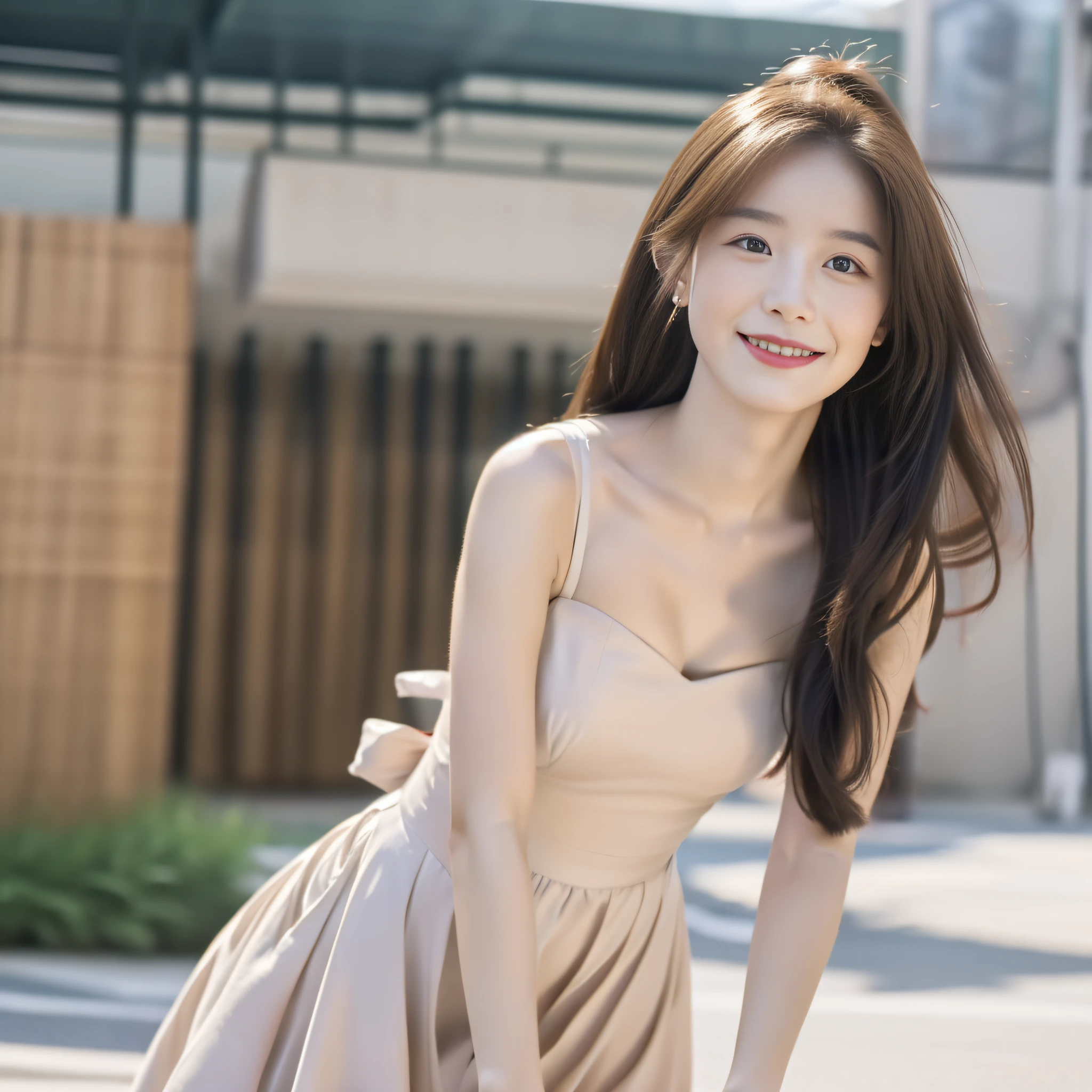 ((Best Quality, 8K, Masterpiece:1.3)), Focus:1.2, A Perfect Body Beauty:1.4, (Purity:1.1) , (Street:1.3), Bandeau Dress: 1.1, Highly Detailed Face and Skin Texture, Fine Eyes, Double Eyelids, Whitened Skin, Long Hair, Smile.