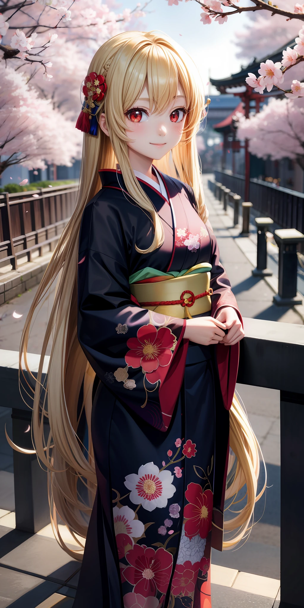 anime, girl alone, blonde, long hair, red eyes, cherry blossoms and moon, kimono, little smile