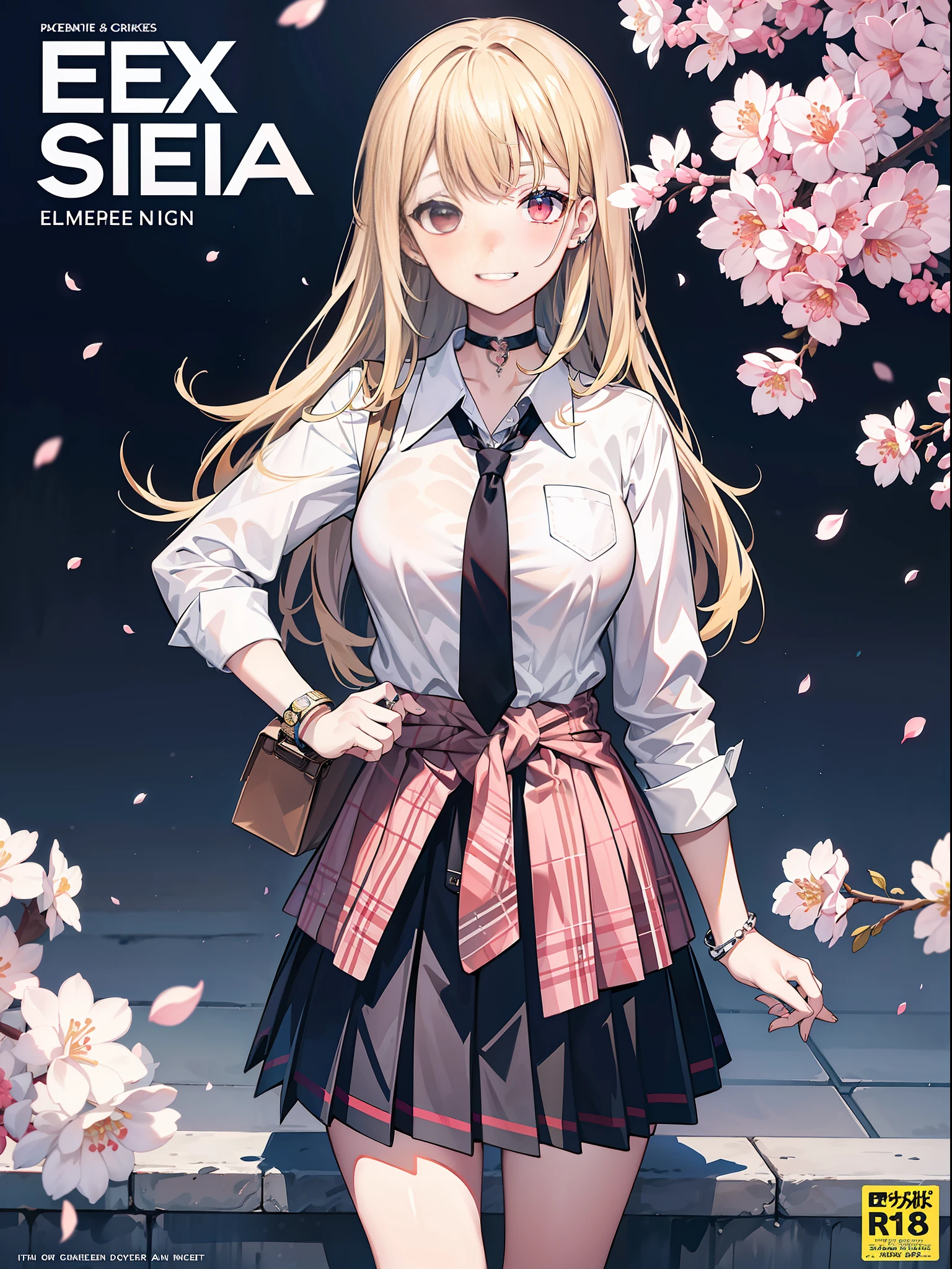 masterpiece, best quality, full body, 1girl, bangs, black choker, black necktie, blonde hair, blue skirt, blush, bracelet, breasts, choker, clothes around waist, collarbone, collared shirt, cowboy shot, dress shirt, ear piercing, eyebrows visible through hair, gradient hair, grin, gyaru, jewelry, kogal, long hair, looking at viewer, loose necktie, necktie, piercing, plaid, plaid skirt, pleated skirt, red eyes, ring, school uniform, shirt, skirt, smile, solo, white shirt, street, sky, cherry blossoms, petals,illustration, (magazine:1.3), (cover-style:1.3), fashionable, woman, vibrant, outfit, posing, front, colorful, dynamic, background, elements, confident, expression, holding, statement, accessory, majestic, coiled, around, touch, scene, text, cover, bold, attention-grabbing, title, stylish, font, catchy, headline, larger, striking, modern, trendy, focus, fashion,