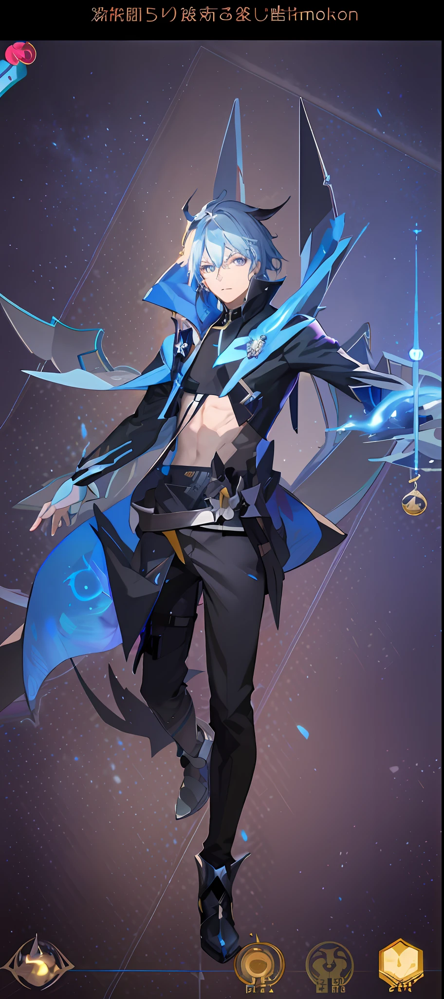 anime character with blue hair and black clothes in a dark room, full portrait of electromancer, from arknights, lunar themed attire, young shadow mage male, full portrait of elementalist, skinny male mage, keqing from genshin impact, skinny male fantasy alchemist, astral witch clothes, genshin impact character, → ⃣ spectrum darkness prime, genshin impact style