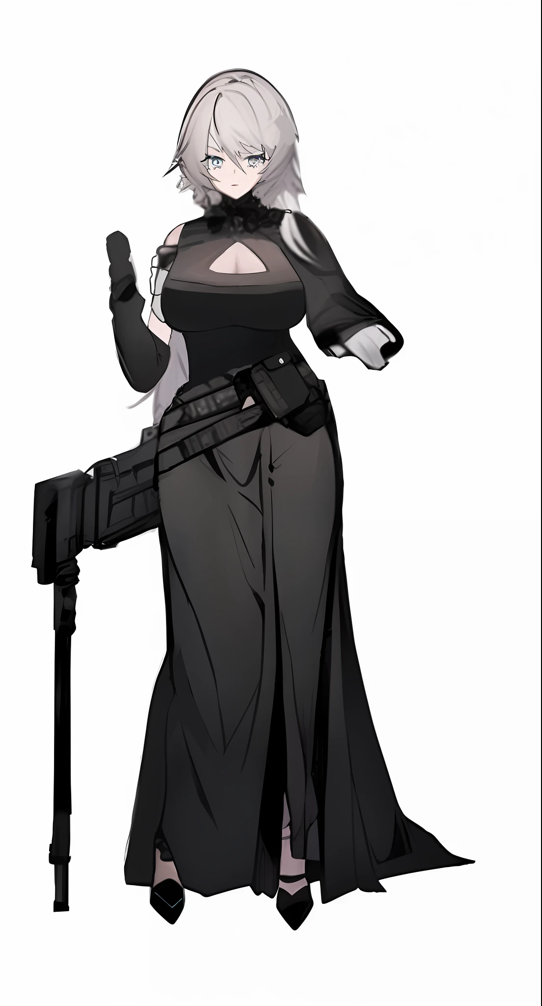 a woman in a long dress holding a gun and a gun, from girls frontline, girls frontline style, official character art, full body concept, full body illustration, female cyberpunk anime girl, ( ( character concept art ) ), cushart kenz, single character full body, female full body, commission for high res, 2 b, 2b, character full body portrait