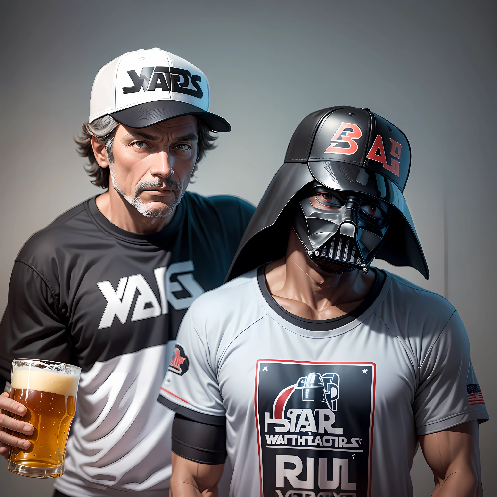 darth vader and a man from Boston wearing baseball cap with a beer --auto --s2