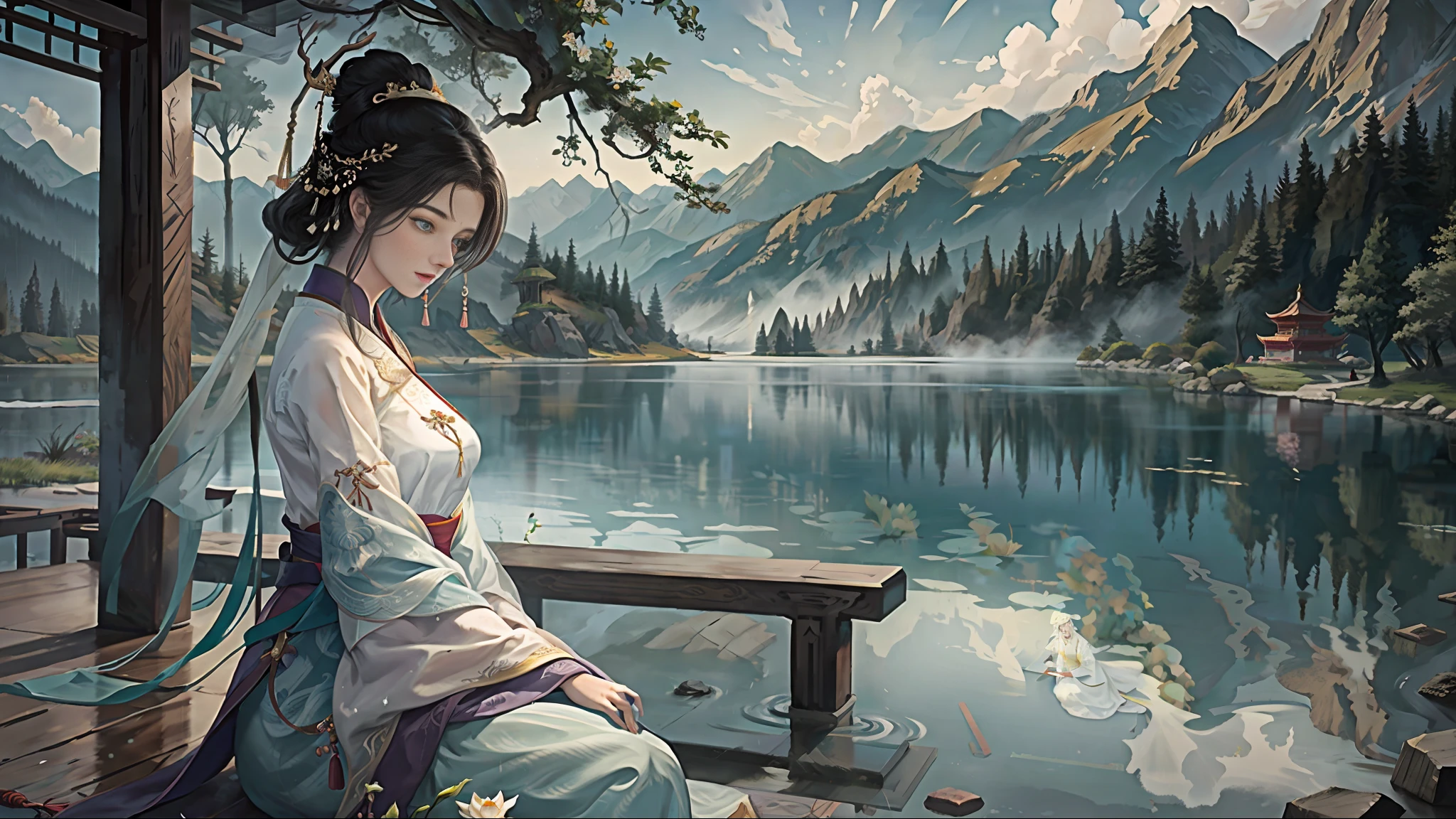 Chinese ancient style, in the pavilion by the lake, a woman wearing traditional Chinese traditional white Hanfu, the woman sits on a chair in the pavilion, the woman looks at the lake, there is a tall tower standing on the surface of the mountain in the background, there are a large number of lotus flowers in the lake, there is a bridge across the lake above the lake, the sky is drizzling, the rain is clearly visible, observe the woman from the side, the woman looks in a trance,