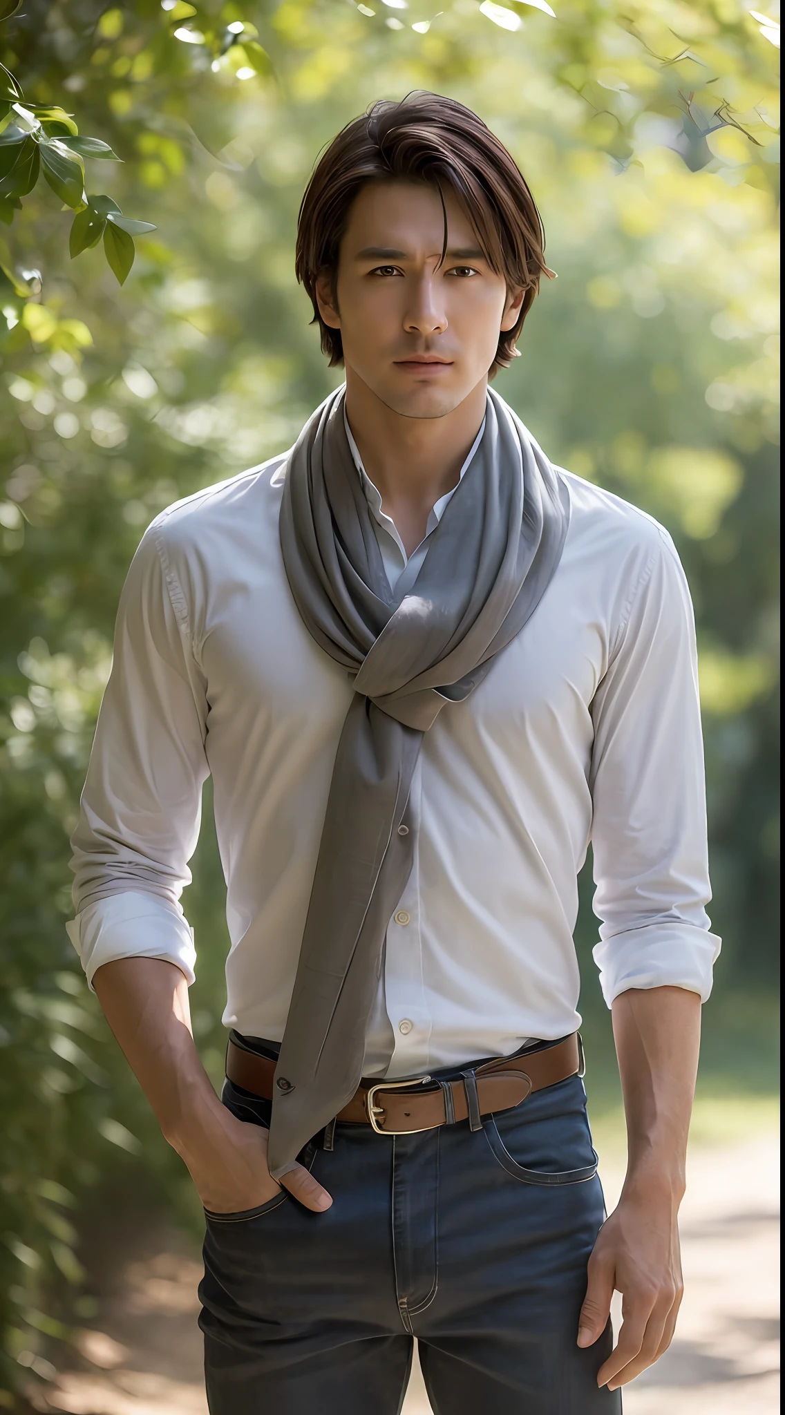 ((Best quality, 8k, Masterpiece :1.3)), Sharp focus :1.2, A cool men with perfect figure :1.4, Slender abs :1.2, ((Dark brown hair,breasts :1.2)), (white long formal shirt)(buttoning up his shirt.), grey background:1.2, Highly detailed face and skin texture, Detailed eyes, Double eyelid,fashion model posing,cowboy shot,white pants,sunlight filtering through trees,(wears a gray scarf around his neck.)