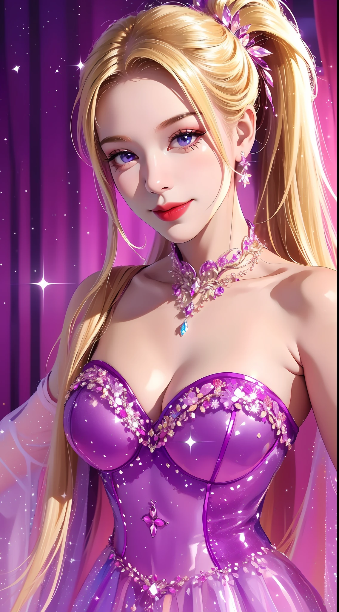 Real, realistic, 1 girl, morning, movie lights, looking at the audience, interior, smiling, purple exquisite dress shiny crystal, crystal necklace, double ponytail, long blonde hair fluttering