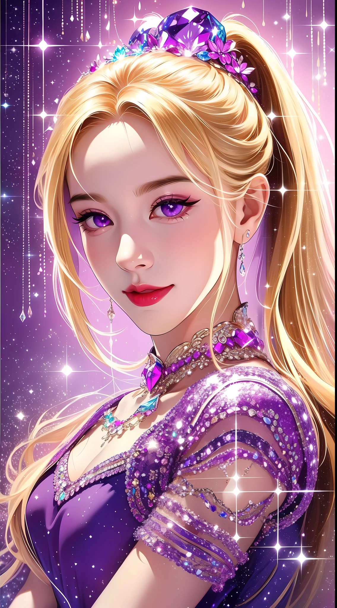 Real, realistic, 1 girl, morning, movie lights, looking at the audience, interior, smiling, purple exquisite dress shiny crystal, crystal necklace, double ponytail, long blonde hair fluttering
