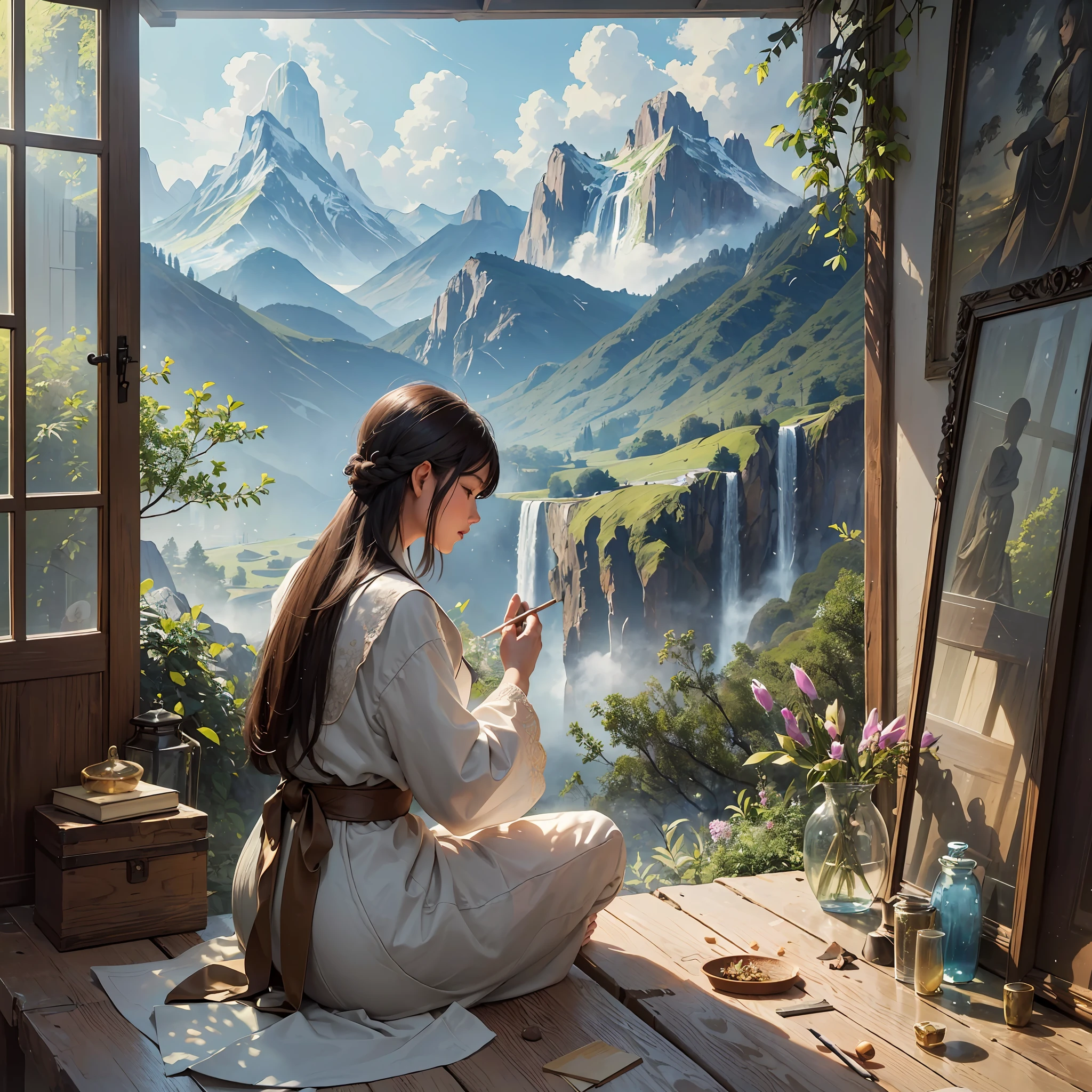 ((best quality)), ((masterpiece)), ((realistic)), person sitting in a peaceful garden, deep in contemplation, (self-reflection:1.2), (impressionistic art style:1.1), serene surroundings, blooming flowers, (tranquil atmosphere:1.3), (thoughtful expression:1.2), (subtle use of colors:1.1), (introspective mood:1.1), 8k resolution

((best quality)), ((masterpiece)), (detailed), person standing on a mountaintop, gazing at a breathtaking vista, (revelation:1.2), (landscape painting:1.1), majestic mountains and valleys, (awe-inspiring atmosphere:1.3), (intricate brushwork:1.2), (captivating play of light:1.1), (sense of purpose:1.1), 8k resolution

((best quality)), ((masterpiece)), (detailed), person surrounded by books, immersed in knowledge and inspiration, (intellectual pursuit:1.2), (academic art style:1.1), shelves filled with wisdom, (stimulating atmosphere:1.3), (meticulous detailing:1.2), (cozy reading nook:1.1), (curiosity-driven expression:1.1), 8k resolution

((best quality)), ((masterpiece)), ((realistic)), person standing in front of a blank canvas, preparing to create their own masterpiece, (creative exploration:1.2), (contemporary art style:1.1), artist's studio filled with tools and materials, (inspiring ambiance:1.3), (expressive brushstrokes:1.2), (intense focus:1.1), (sense of purpose:1.1), 8k resolution

((best quality)), ((masterpiece)), (detailed), person meditating in a serene natural setting, seeking inner clarity, (spiritual journey:1.2), (impressionistic style:1.1), tranquil waterfall, (harmonious atmosphere:1.3), (subtle use of light and shadows:1.2), (peaceful expression:1.1), (inner peace:1.1), 8k resolution

[AI绘画：寻找方向与初心的旅程] --auto --s2