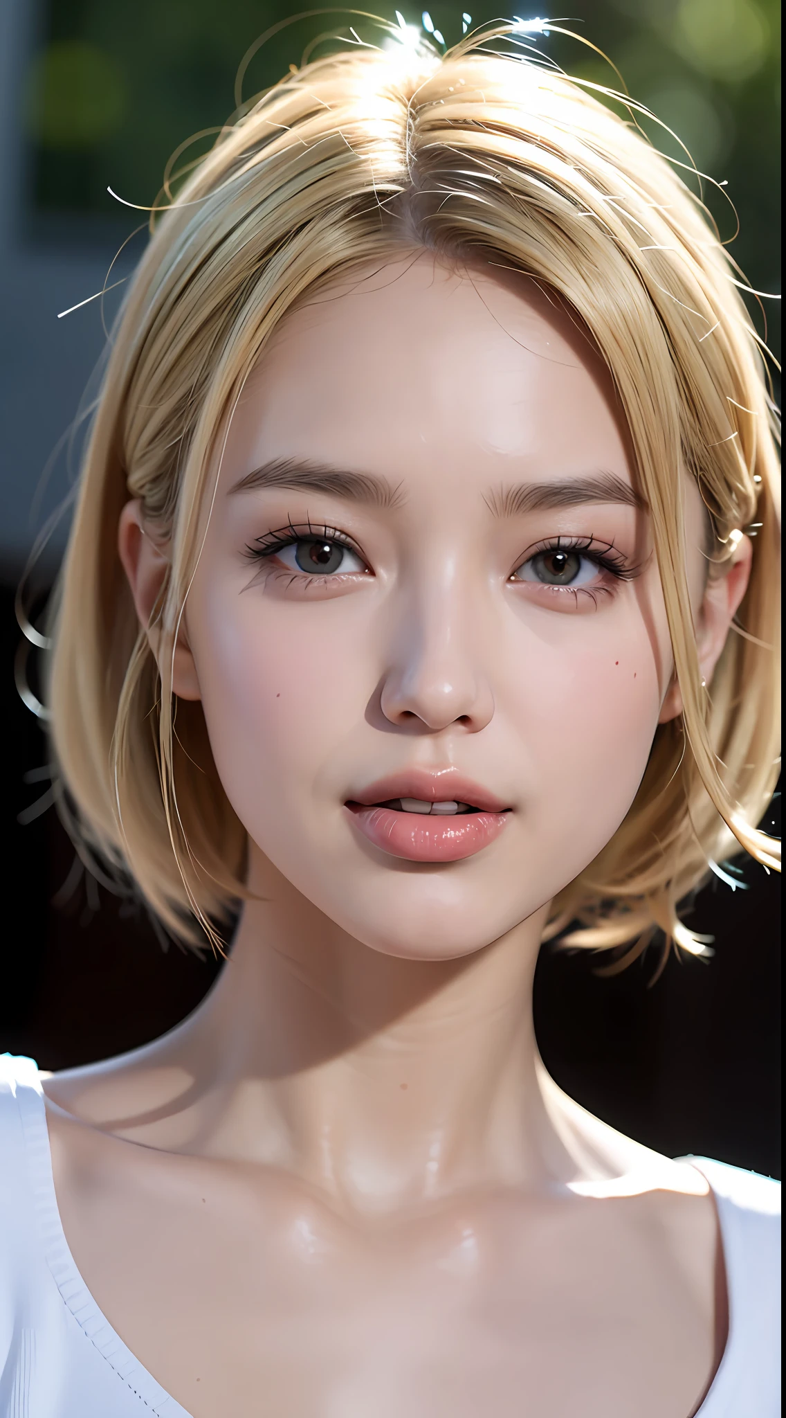 Super nice smile, braless, chunky lips, tongue sticking out (yinchuan:1.5), close-up, masterpiece, best quality, raw photo, photorealistic, face, incredibly ridiculous, beautiful girl, cute, short hair, depth of field, high resolution, ultra detail, short blonde, fine detail, very detailed, very detailed eyes and face, sharp pupils, realistic pupils, Sharp Focus, Cinematic Lighting