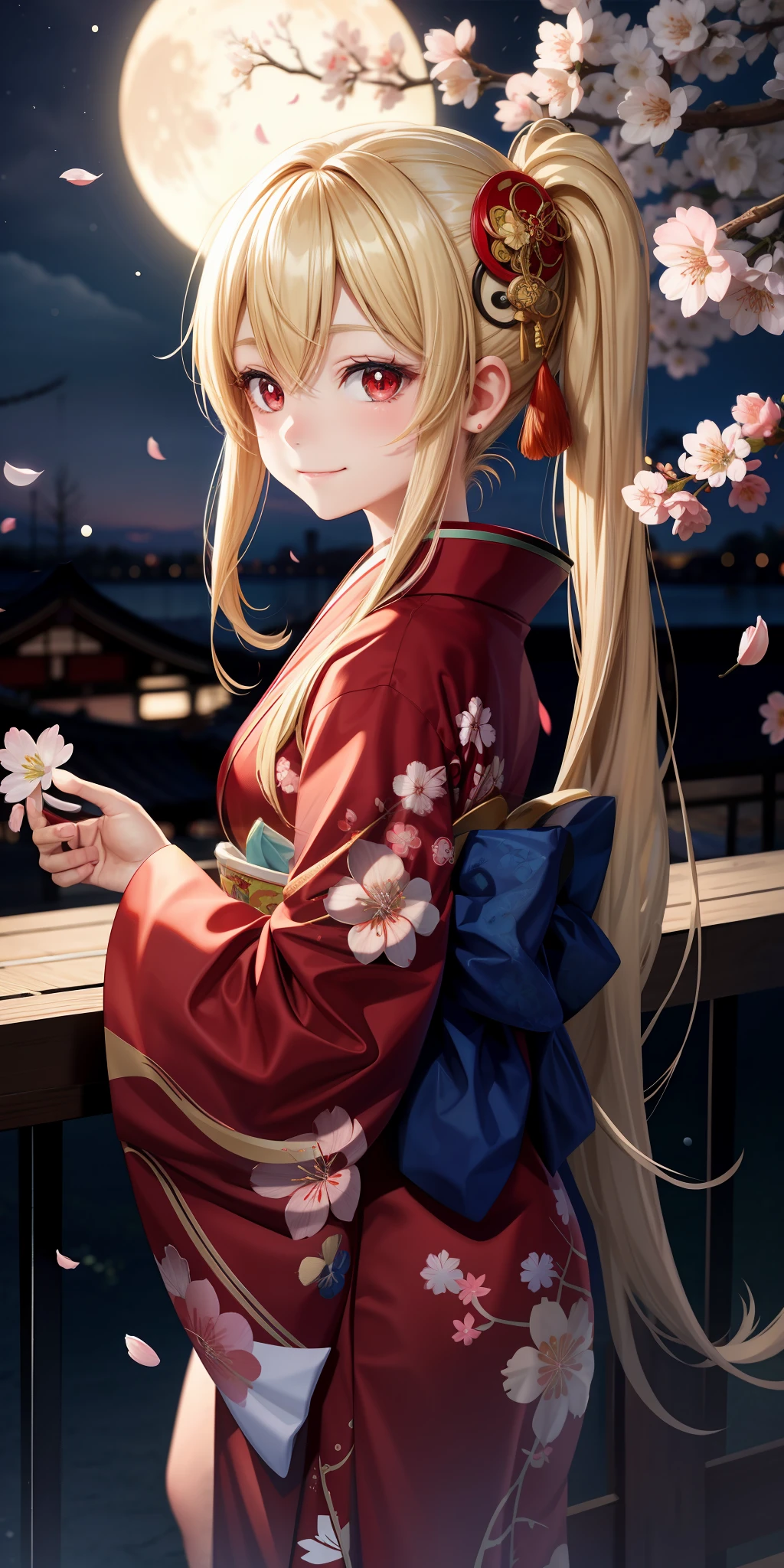 anime, girl single, blonde, red eyes, cherry blossom and moon, kimono, little smile