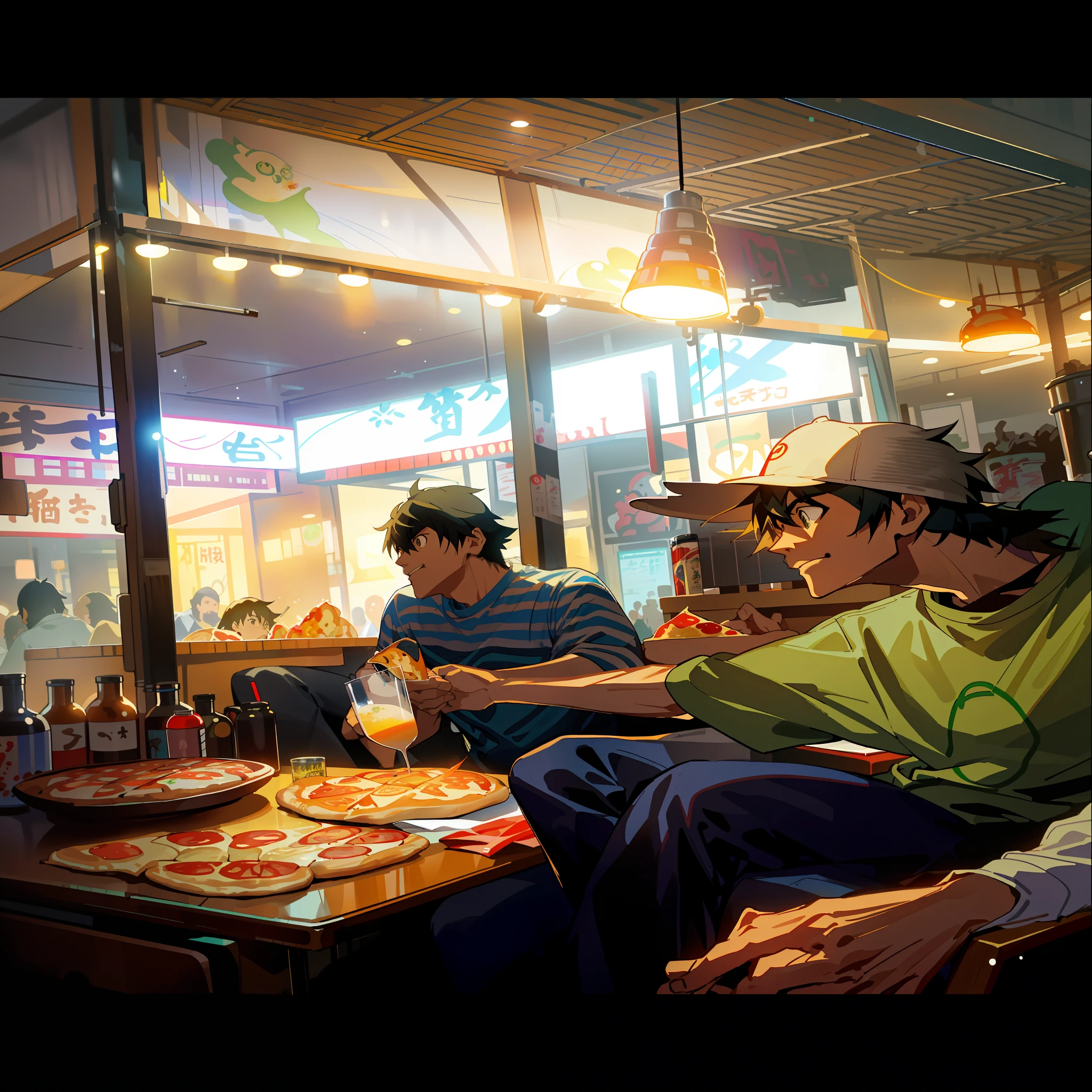 there are two men sitting at a table with pizzas and drinks, rob rey and kentaro miura style, inspired by Liam Wong, tokyo anime scene, artwork in the style of guweiz, yusuke murata and makoto shinkai, tokyo izakaya scene, ( ( makoto shinkai ) ), guweiz and makoto shinkai