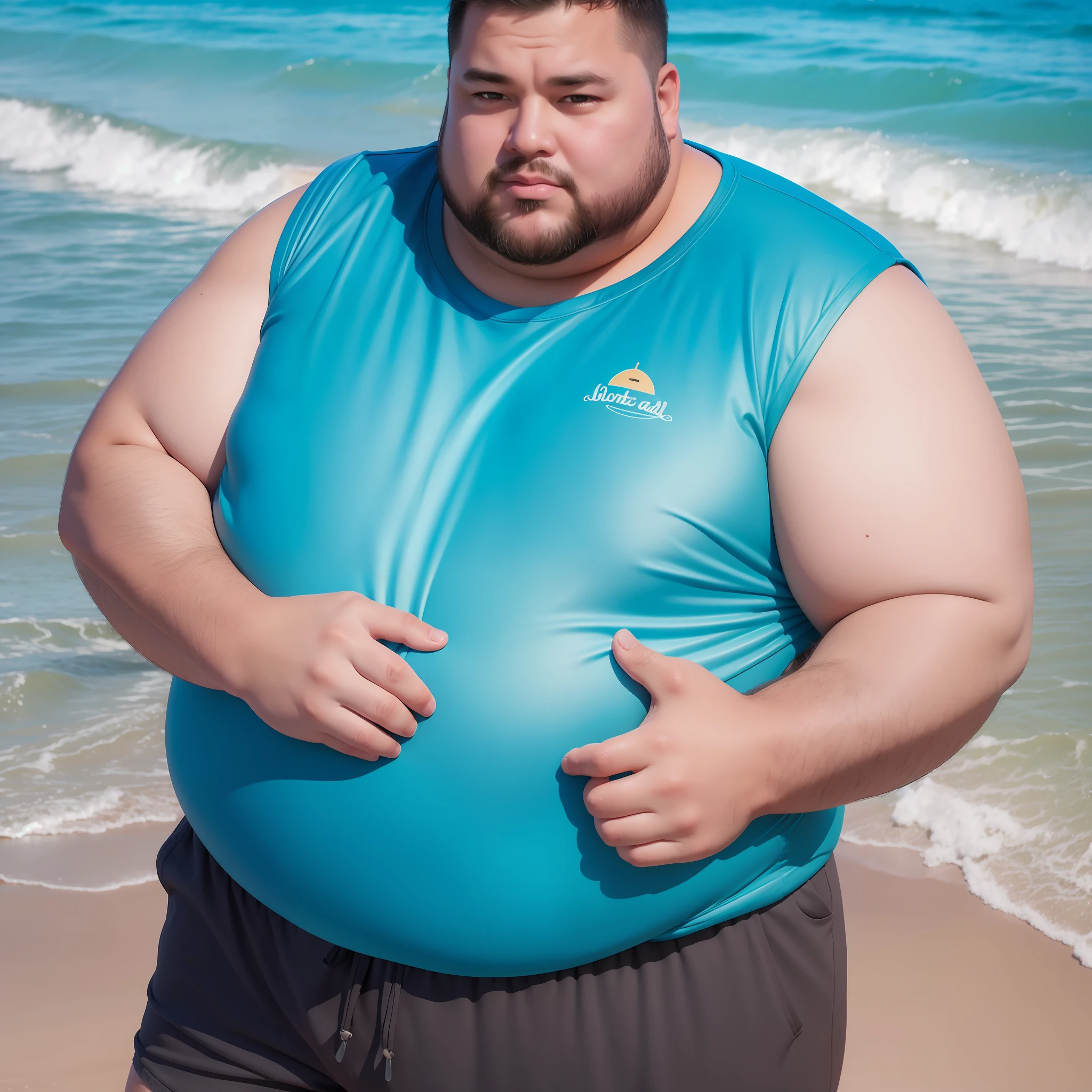 Fat man angling on a beach. Dressed in shorts and blue t-shirt. Photorealistic, hyperdetailed, high quality, 8k