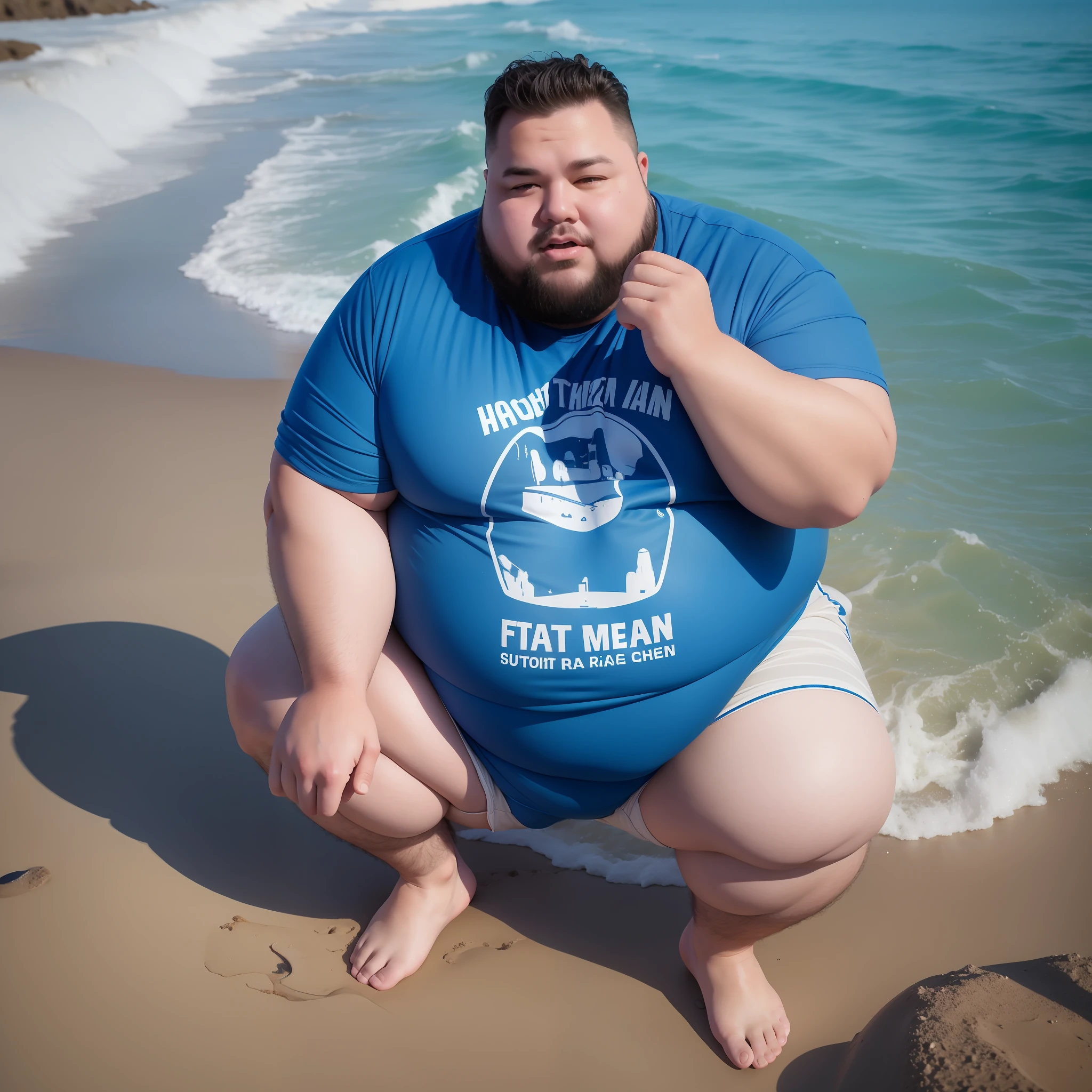 Fat man angling on a beach. Dressed in shorts and blue t-shirt. Photorealistic, hyperdetailed, high quality, 8k