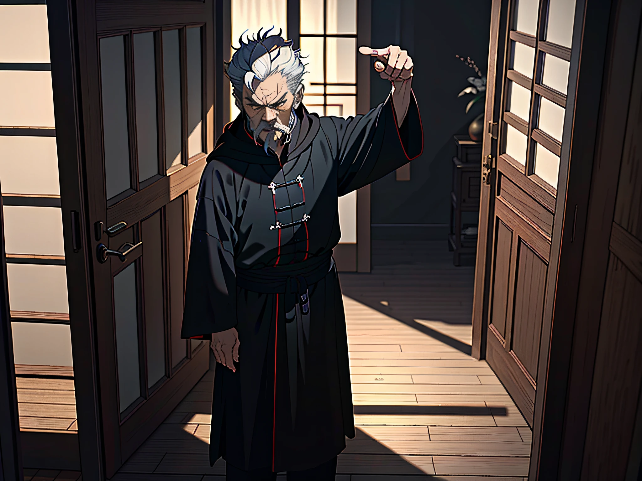 (Masterpiece, best quality; 1.3), very detailed, Unity 8k wallpaper, perfect lighting, perfect shadows, Chinese scene, an old Chinese Taoist standing at the door, cloak, gray hair, serious and angry face, sharp eyes, stretched out one hand, pointing forward, the other hand behind the back, POV, Dorothyan perspective,