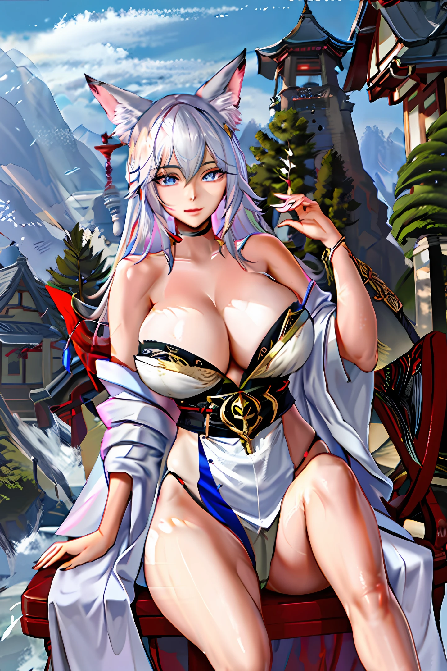 Anime sacred fox, boobs, tall, human, robe, shrine, sitting