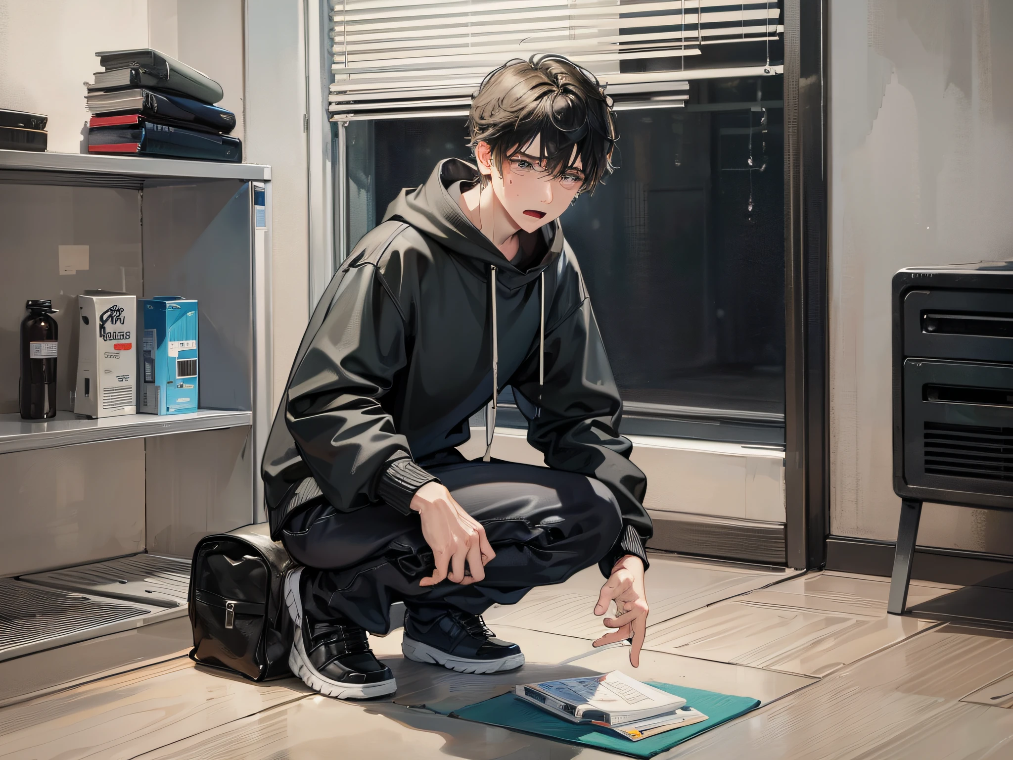 A man kneeling on the ground, black hair, wearing a pullover sweatshirt, mouth open, tears on his face, flushed face, indoors