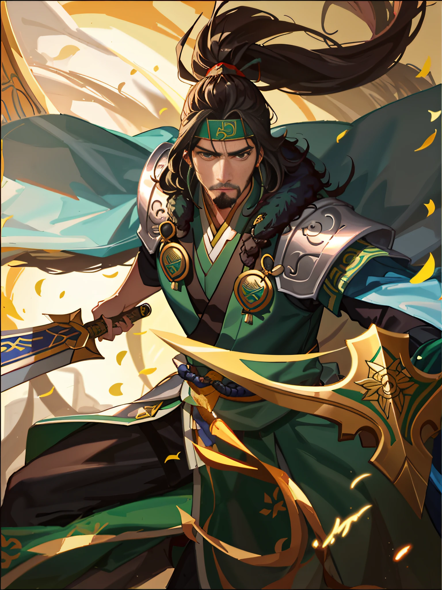 a close up of a man with a sword and a green outfit, guan yu, inspired by Huang Shen, inspired by Shen Zhou, inspired by Yi Jaegwan, zhao yun, inspired by Li Kan, bian lian, inspired by Du Jin, inspired by Hu Zaobin, zenra taliyah, inspired by Fan Kuan, inspired by Huang Ding