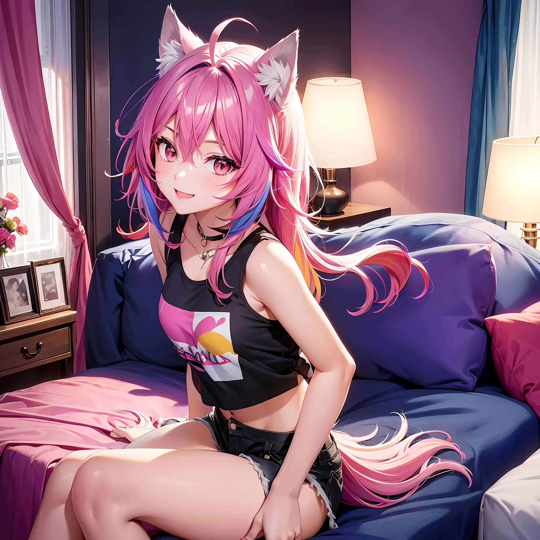 Close up, upper body, 1 girl, smile, wolf ears, wolf tail, pink eyes, hair between eyes, split color hair: 5, ((((Colorful hair color: 1))))), (((Random hair color: 1)))), colorful hairstyle: 5, striped hair, long hair, hair end jewels, (cute random tank top and hot pants figure: 15), jewelry, AI super luxurious bedroom and cute interior: 5, (on the bed: 15), sit in, look at the viewer embarrassedly and laugh, blush, night scene,