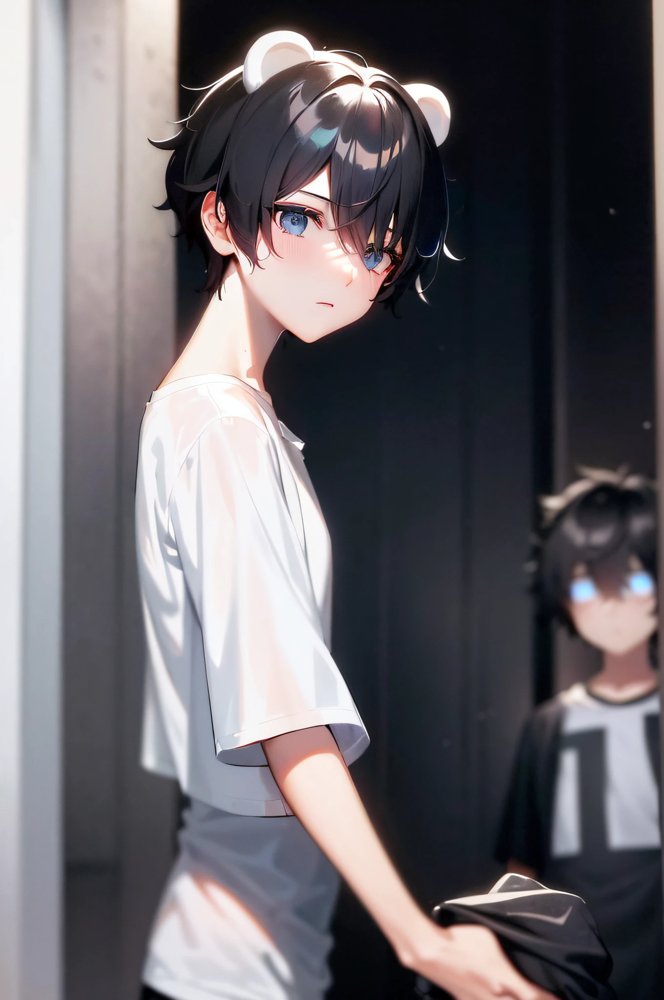 ((A male:1.2)), ((boy:1.2)), first-person view, upper body, cold light, blue_eyes, (black bear ears:1.2), hair_between_eyes, (Zaffre eyes color:1.1), (holding a toy:1.2), (cute white T-shirt:1.5), bear pattern, looking_at_viewer, male_focus, short_hair, (the idealism of the future world:1.2), (clean background trending:1.5), rain, wet hair, styled with a captivating hairdo, accentuated with bangs and hair between eyes, highlighting his distinctive and stylish black and short hair, this dynamic composition expertly showcases his strong male focus, in a manner that captivates and intrigues viewers