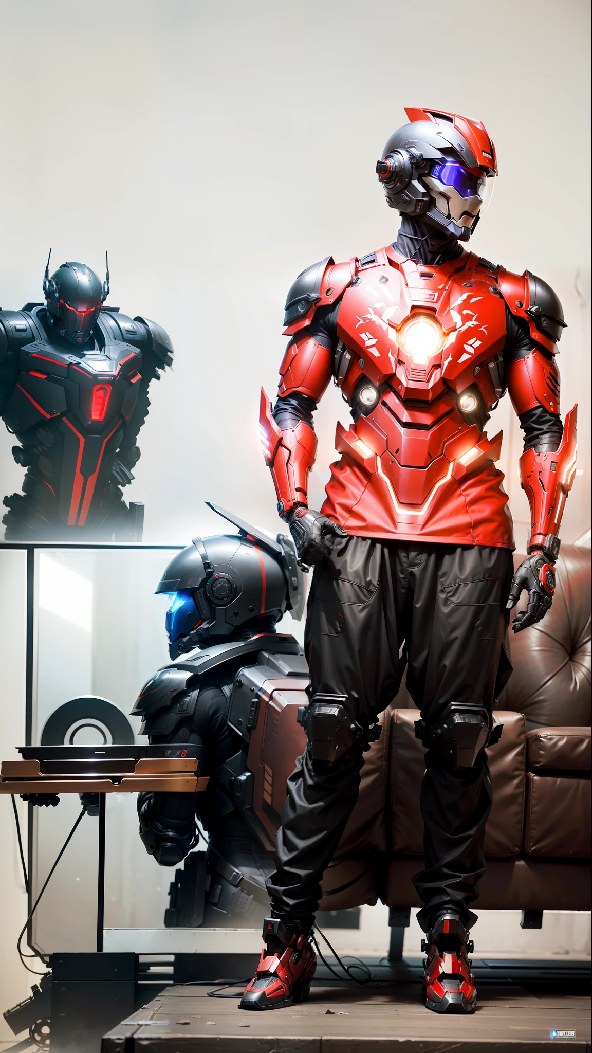 Red mech suit and black pants, cyber male warrior and cyber mechanical motorcycle, full body exquisite high-tech armor, exquisite black tech helmet, Nousr, biomechanics, MSHN robot man, high-tech helmet, surreal, steel, intricate design, crazy details, fine details, extremely clear lines, cinematic lighting, photo realism, detailed masterpiece
