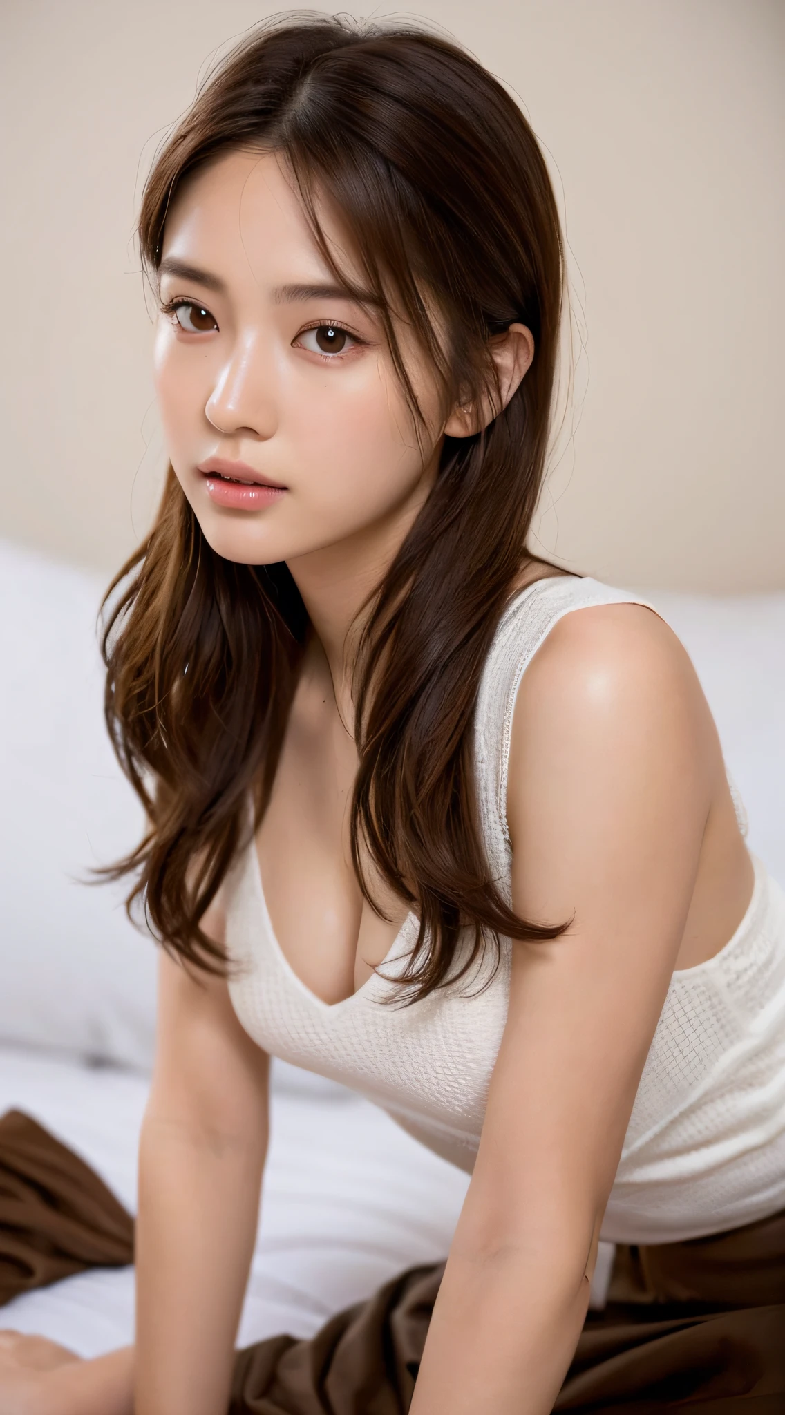raw photo, sitting on bed, top quality, realistic, realistic, very detailed, very detailed and beautiful, professional lighting, face lighting, depth of field, single focus, full body, 20 years old woman, brown hair, brown eyes, small head, fashion girl, beautiful eyes, real face, real skin, real face, realistic skin, detailed eyes, yoga, fashion hairstyle, dynamic pose, viewer, detailed face and chest appearance