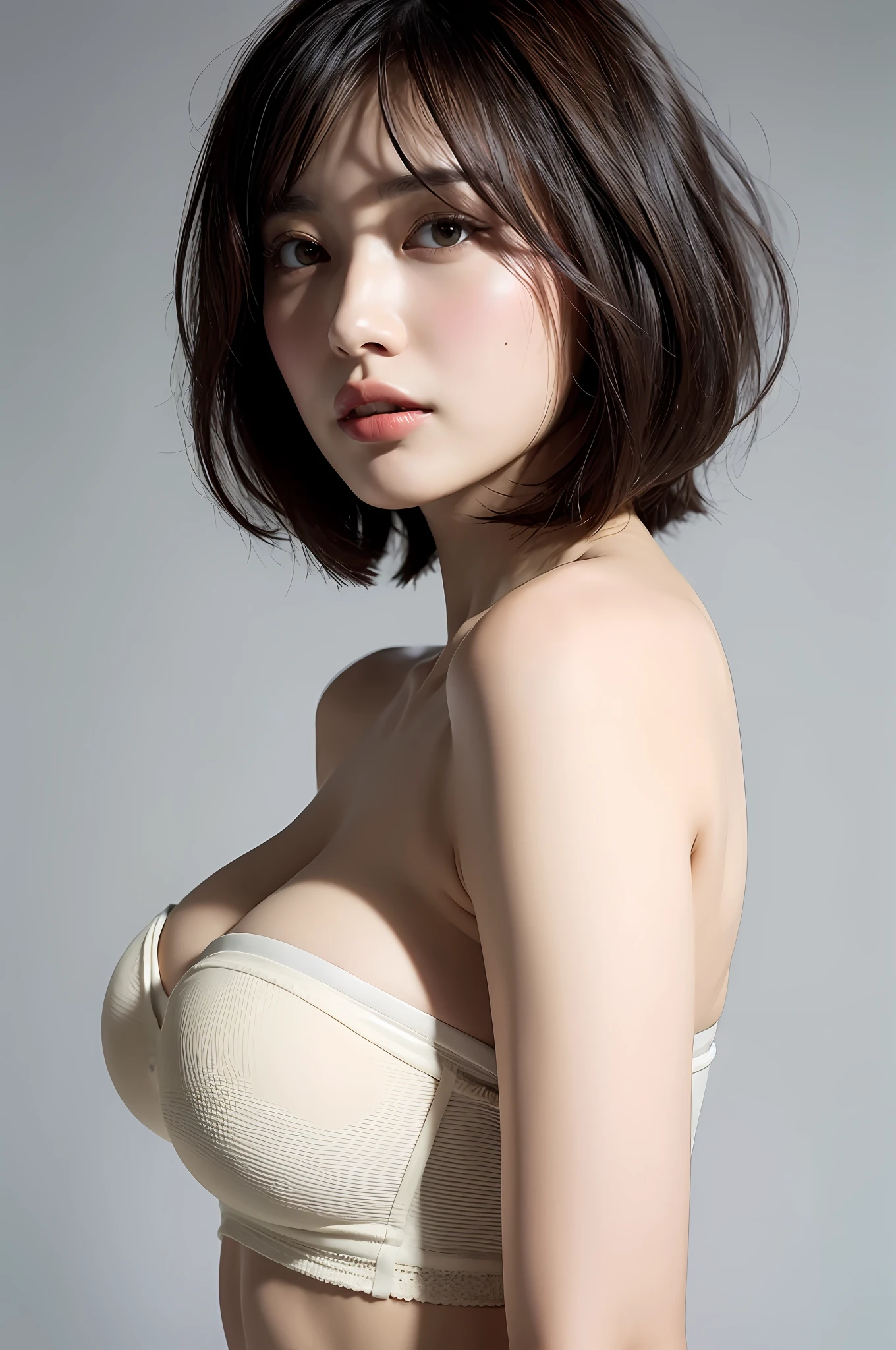 White strapless bra, bra without shoulder straps, shapely bust pointing upwards, big that seem to overflow from the cups