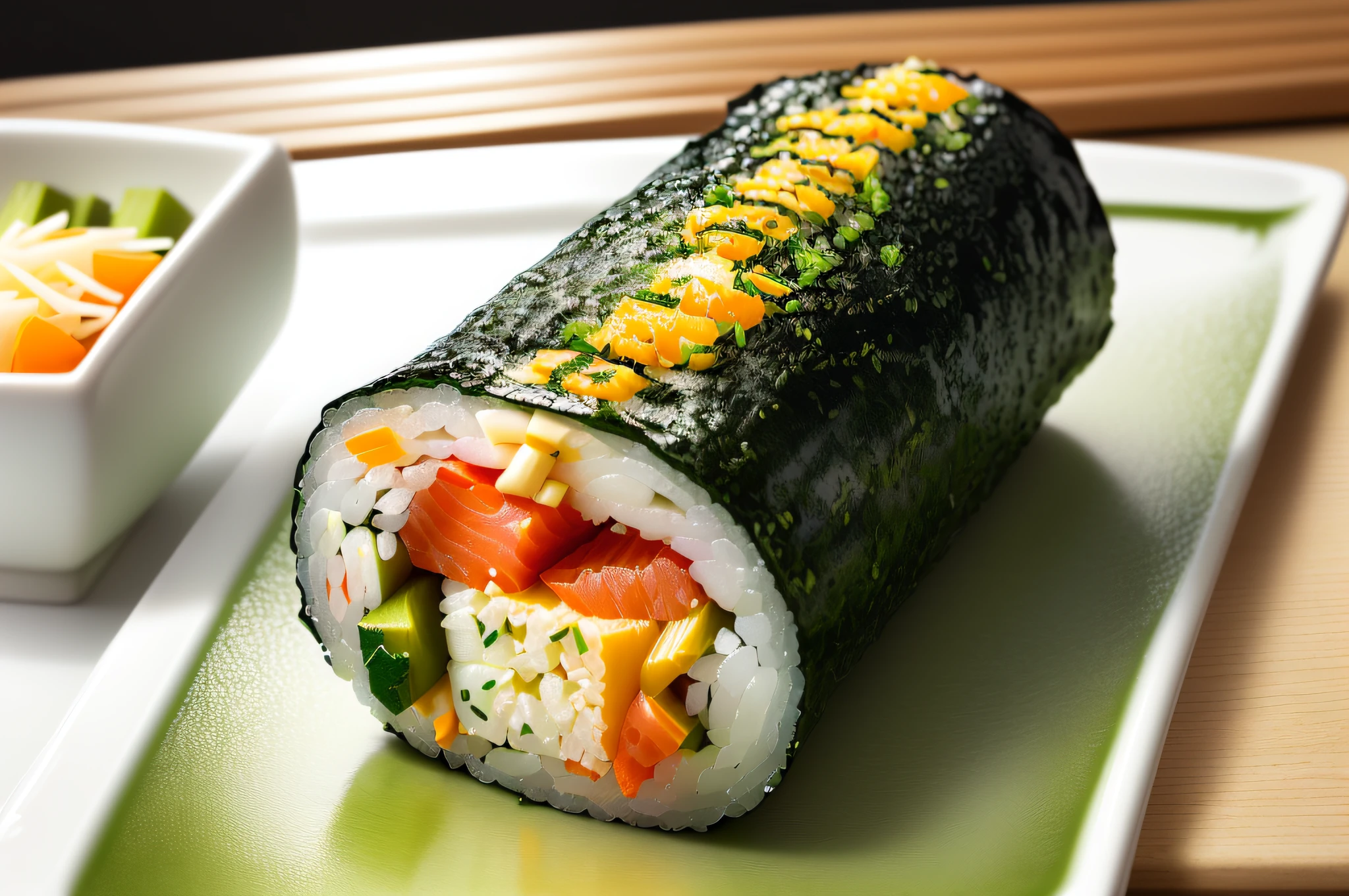 there is a sushi roll with vegetables and cheese on it, california roll, inspired by Maki Haku, asao urata, sushi, banchou, iwakura, sosaku hanga, kantoku, suki, shin - hanga, shin-hanga, momoshiki ōtsutsuki, kumamoto